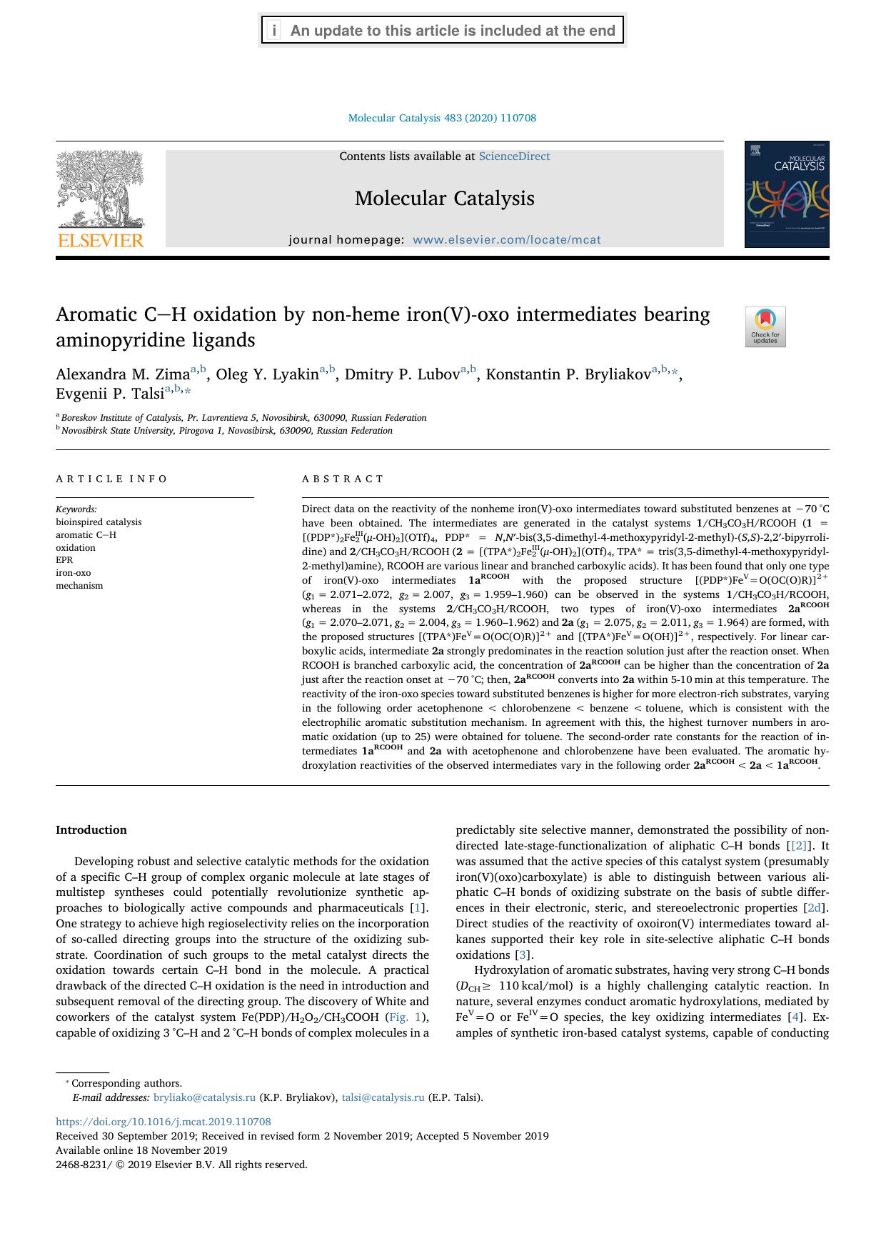 Aromatic CH oxidation by non-heme iron(V)-oxo intermediates bearing aminopyridine ligands by Alexandra M. Zima & Oleg Y. Lyakin & Dmitry P. Lubov & Konstantin P. Bryliakov & Evgenii P. Talsi