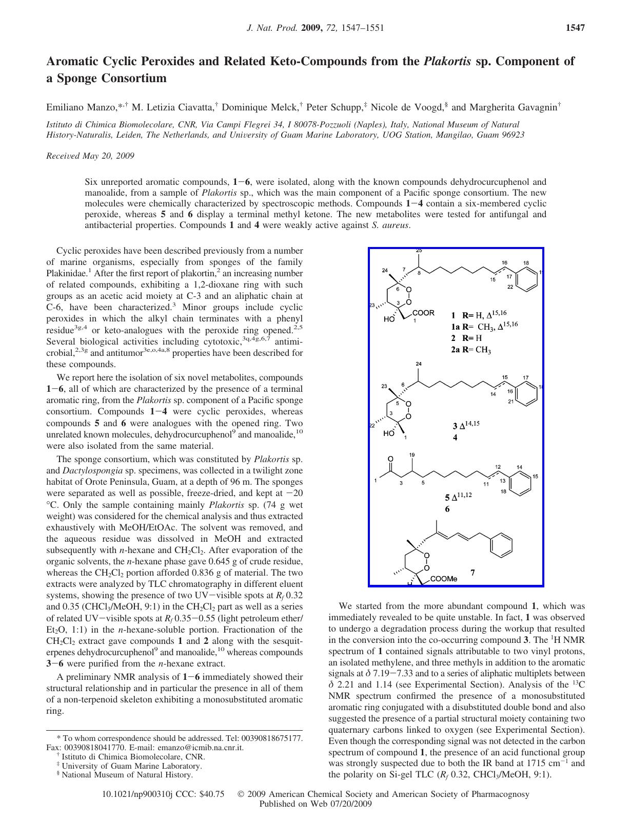 Aromatic Cyclic Peroxides and Related Keto-Compounds from the <italic>Plakortis<italic> sp. Component of a Sponge Consortium by Unknown
