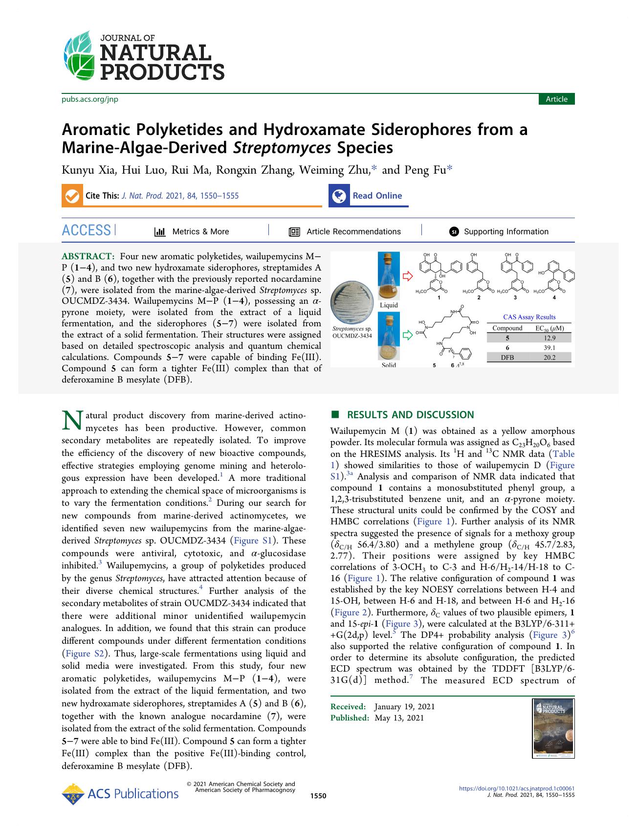 Aromatic Polyketides and Hydroxamate Siderophores from a Marine-Algae-Derived Streptomyces Species by Kunyu Xia Hui Luo Rui Ma Rongxin Zhang Weiming Zhu and Peng Fu