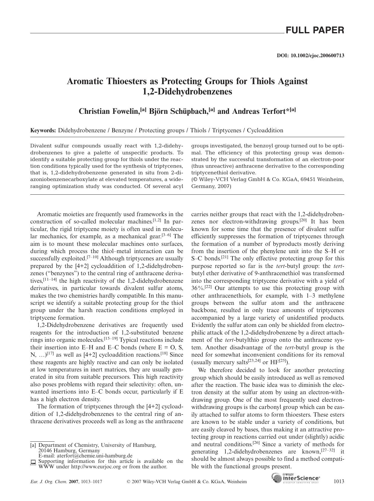 Aromatic Thioesters as Protecting Groups for Thiols Against 1,2-Didehydrobenzenes by Unknown