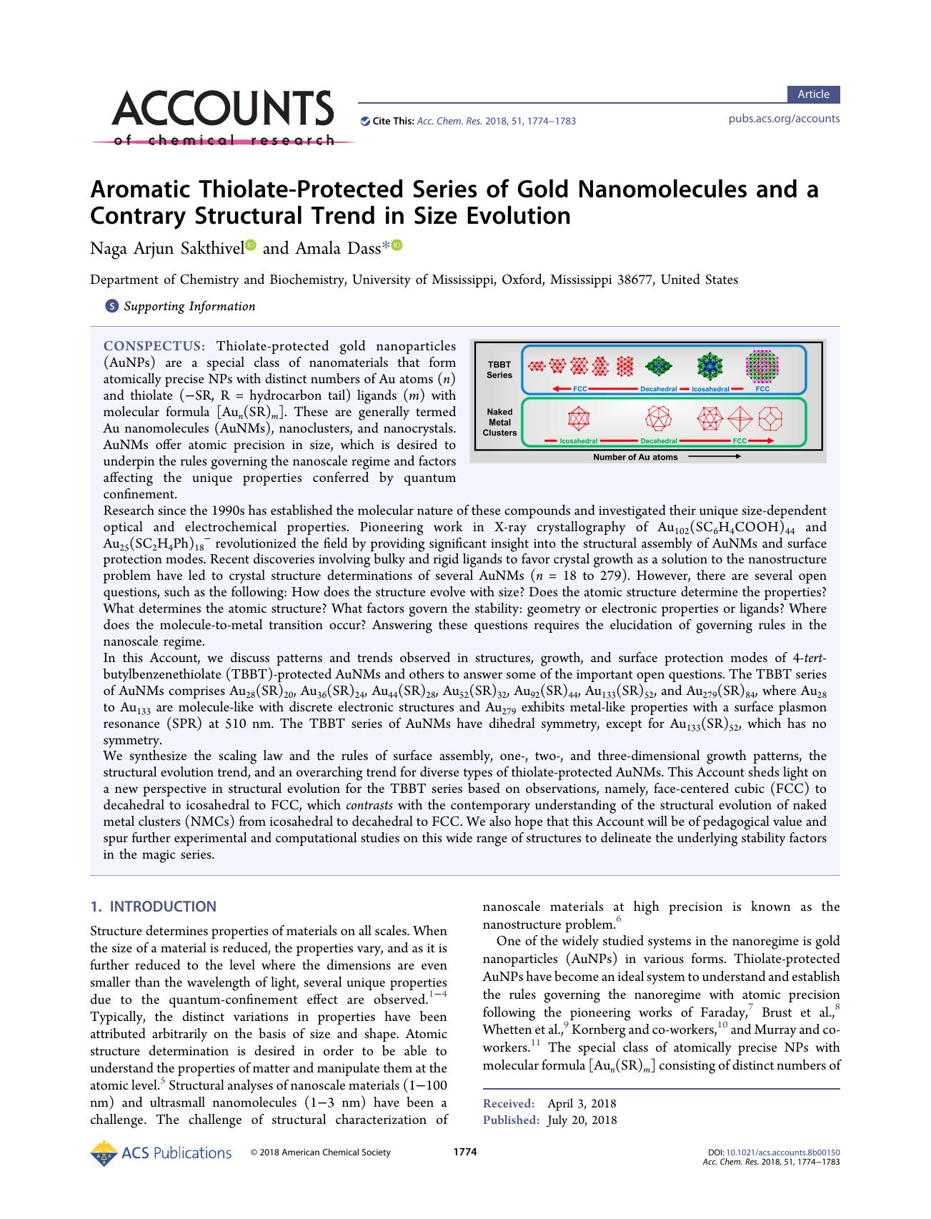Aromatic Thiolate-Protected Series of Gold Nanomolecules and a Contrary Structural Trend in Size Evolution by Naga Arjun Sakthivel; Amala Dass & Amala Dass