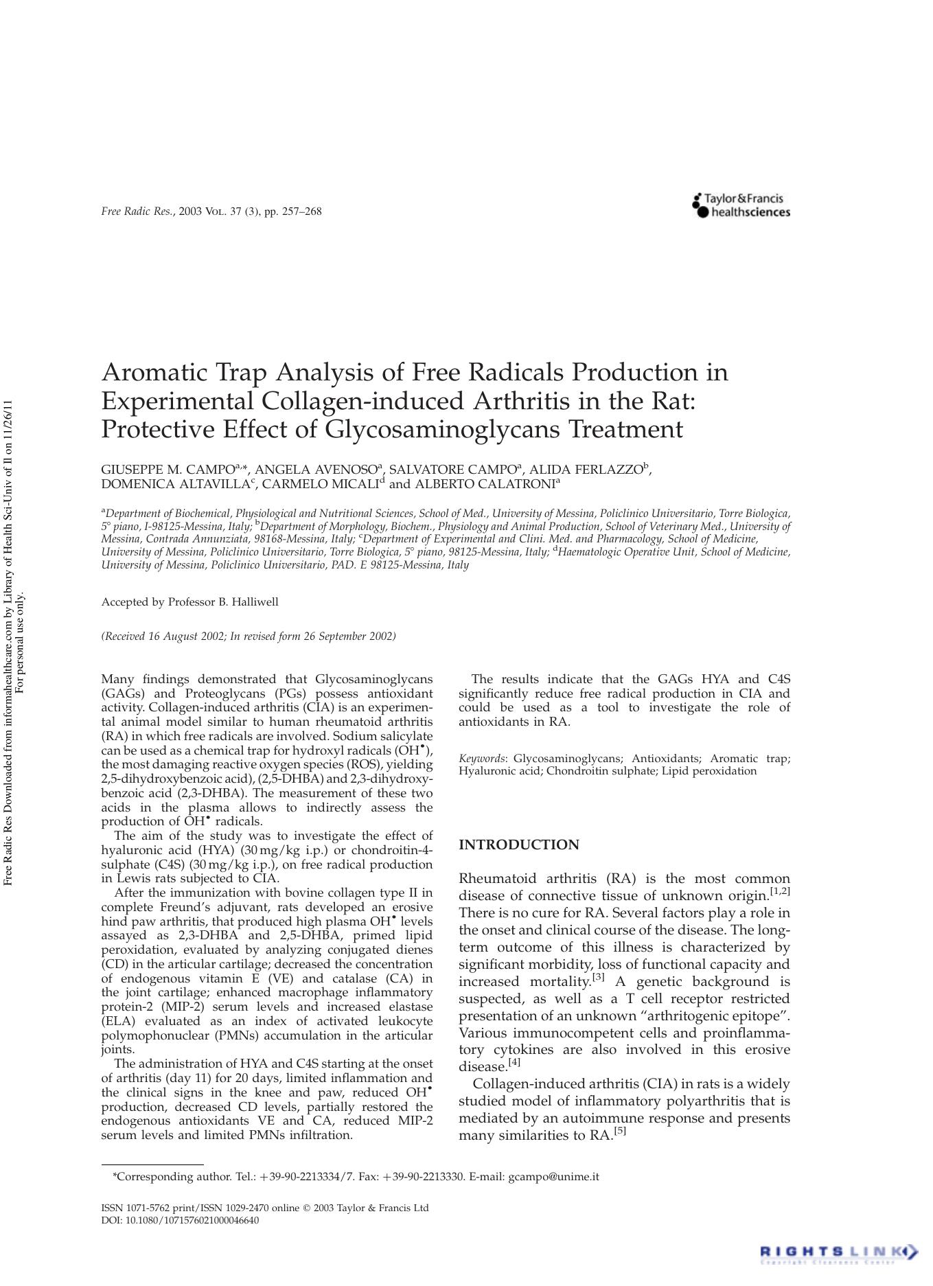 Aromatic Trap Analysis of Free Radicals Production in Experimental Collagen-induced Arthritis in the Rat: Protective Effect of Glycosaminoglycans Treatment by unknow