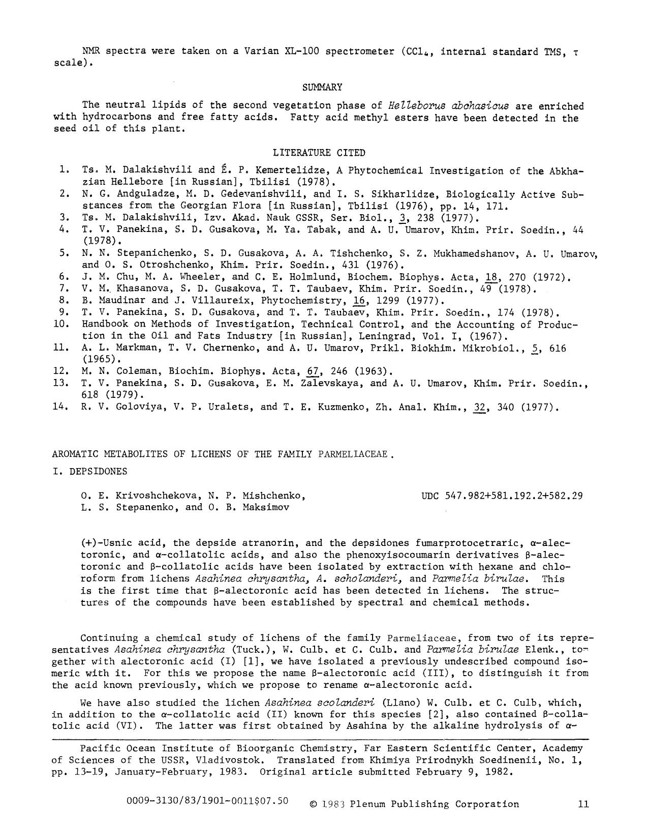 Aromatic metabolites of lichens of the family Parmeliaceae. I. Depsidones by Unknown