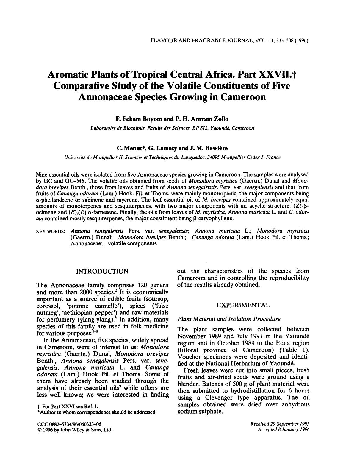 Aromatic plants of Tropical Central Africa. Part XXVII.Comparative Study of the Volatile Constituents of Five Annonaceae Species Growing in Cameroon by Unknown