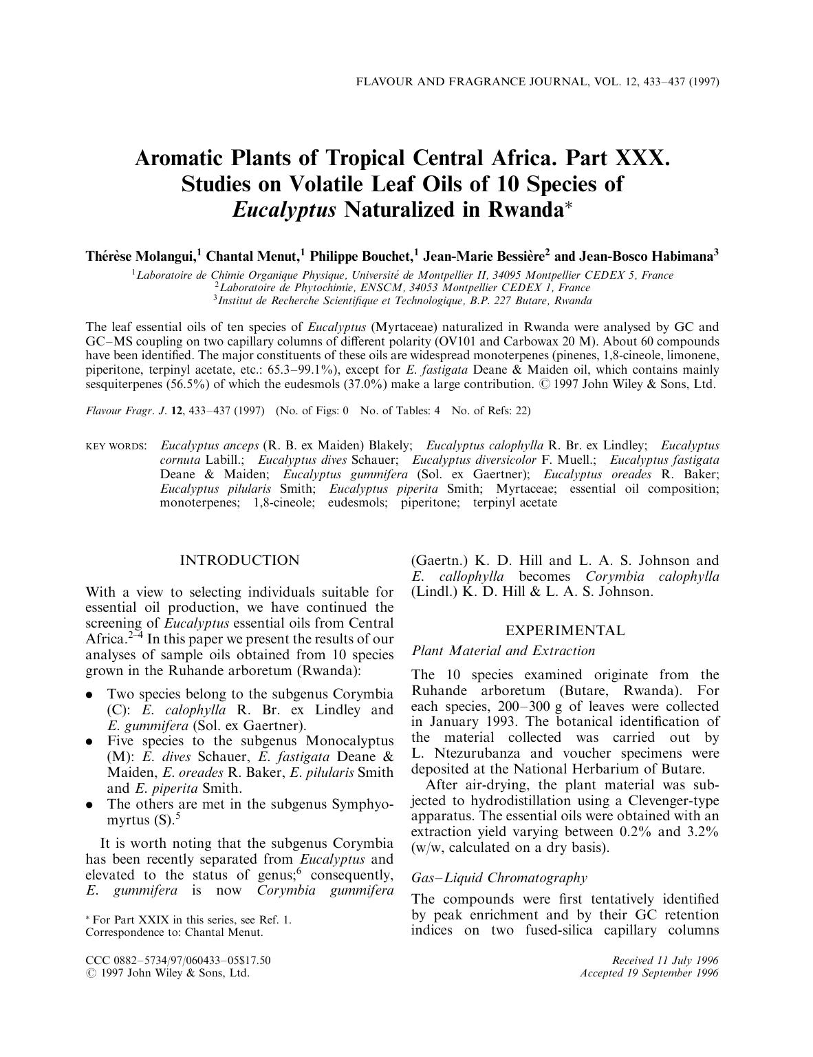 Aromatic plants of tropical Central Africa. Part XXX. Studies on volatile leaf oils of 10 species of Eucalyptus naturalized in Rwanda by Unknown
