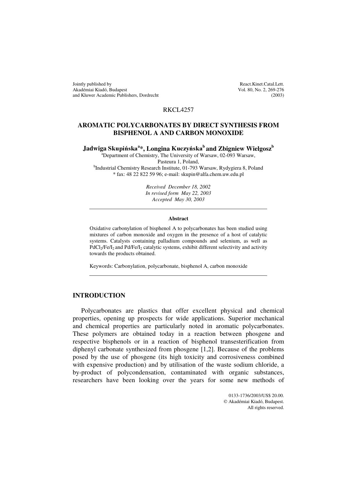 Aromatic polycarbonates by direct synthesis from bisphenol a and carbon monoxide by Unknown
