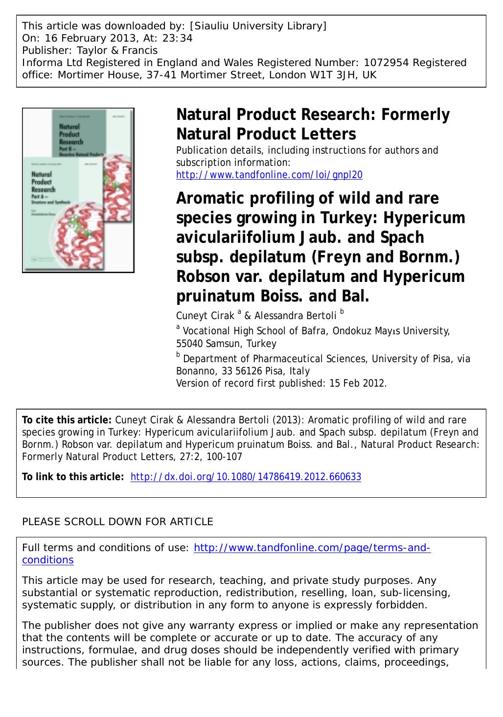 Aromatic profiling of wild and rare species growing in Turkey: Hypericum aviculariifolium Jaub. and Spach subsp. depilatum (Freyn and Bornm.) Robson var. depilatum and Hypericum pr by Cuneyt Cirak & Alessandra Bertoli