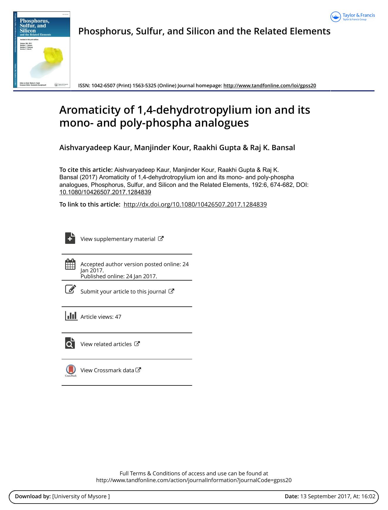 Aromaticity of 1,4-dehydrotropylium ion and its mono- and poly-phospha analogues by Aishvaryadeep Kaur & Manjinder Kour & Raakhi Gupta & Raj K. Bansal