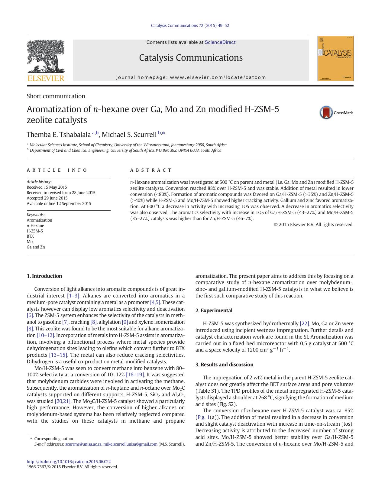 Aromatization of n-hexane over Ga, Mo and Zn modified H-ZSM-5 zeolite catalysts by Themba E. Tshabalala & Michael S. Scurrell