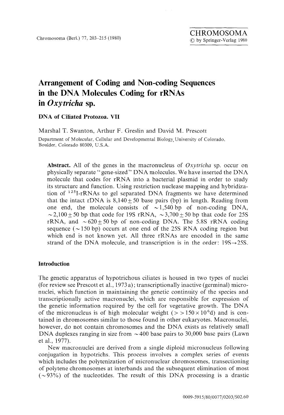 Arrangement of coding and non-coding sequences in the DNA molecules coding for rRNAs in <Emphasis Type="Italic">Oxytricha<Emphasis> sp. by Unknown