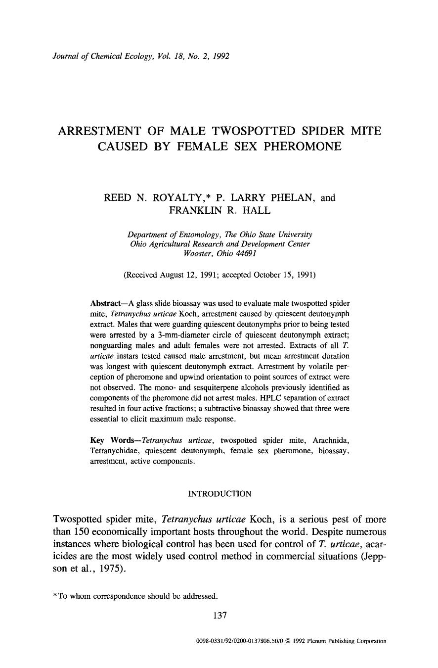 Arrestment of male twospotted spider mite caused by female sex pheromone by Unknown