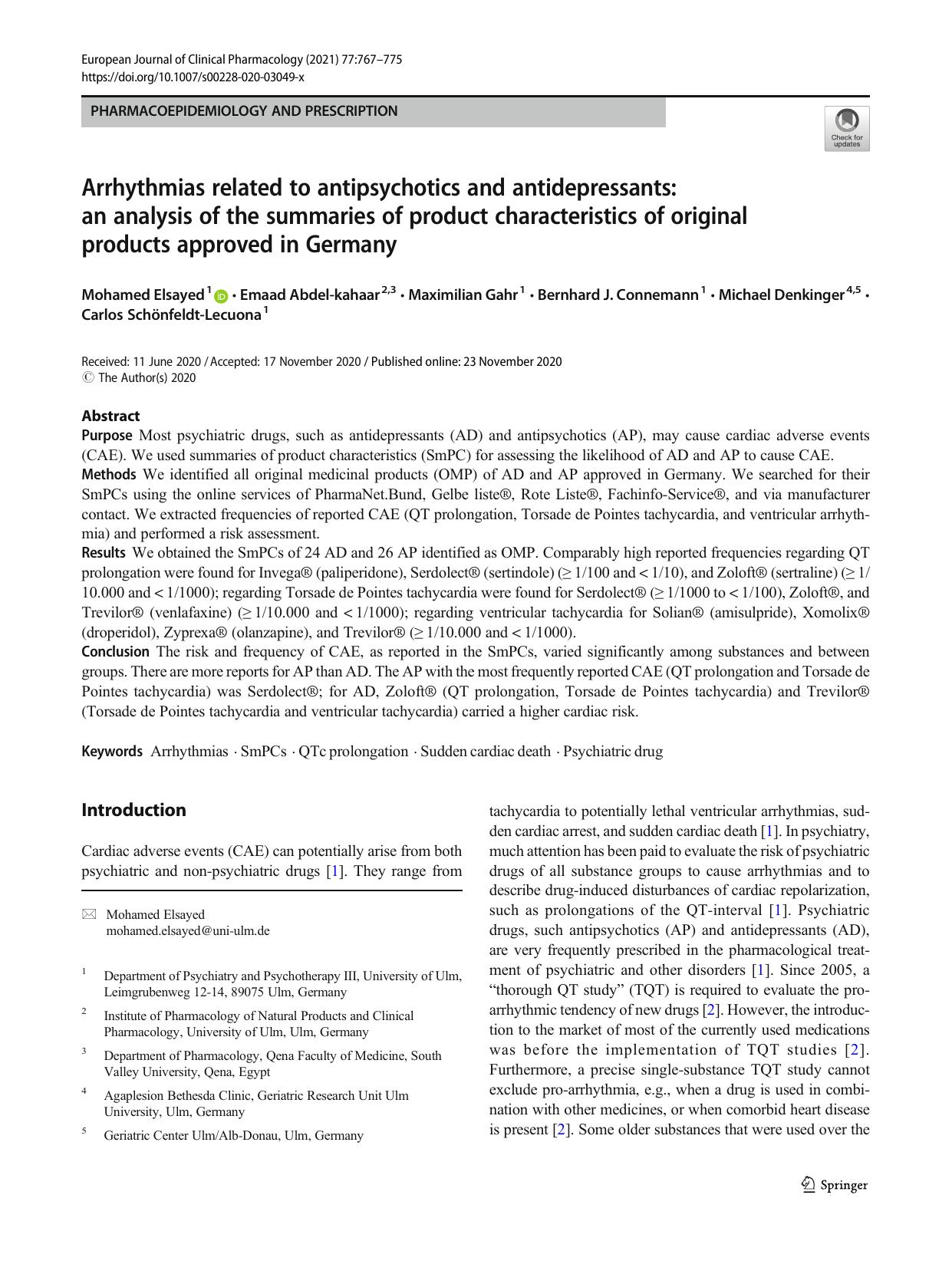 Arrhythmias related to antipsychotics and antidepressants: an analysis of the summaries of product characteristics of original products approved in Germany by unknow