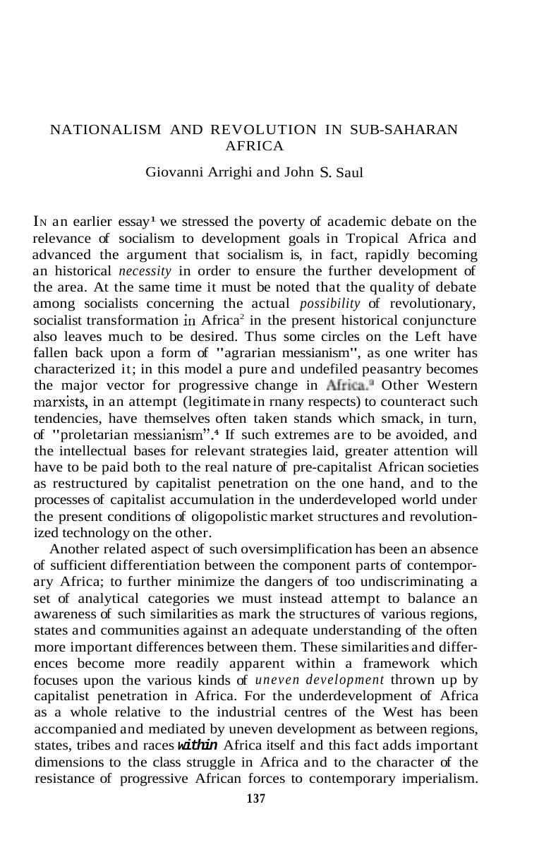 Arrighi and Saul by Nationalism & Revolution in Sub-Saharan Africa