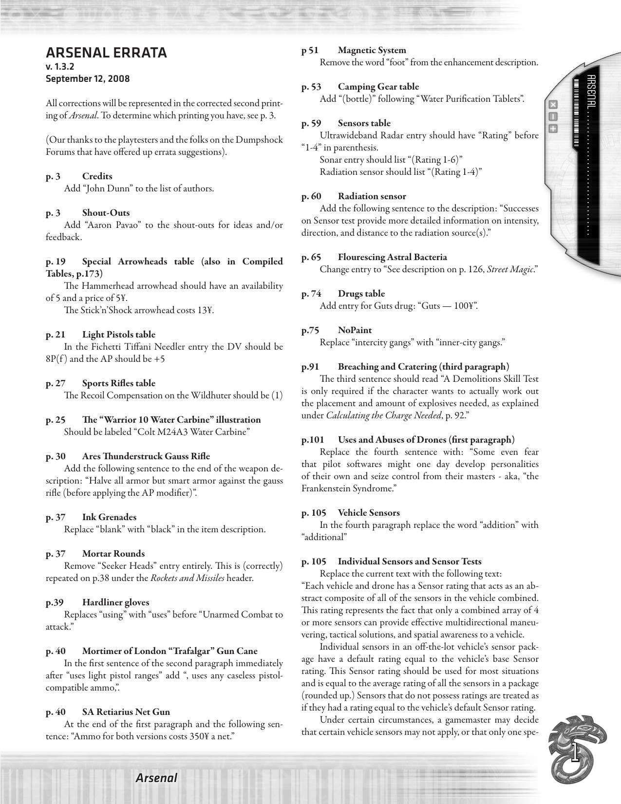 Arsenal Errata v 1.3.2 by Catalyst Game Labs :: www.shadowrun4.com