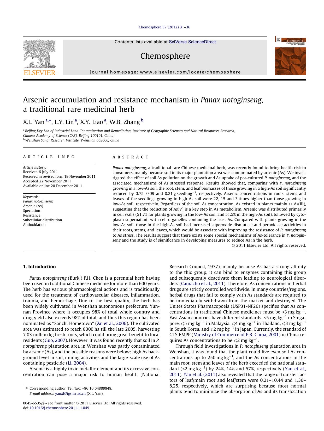 Arsenic accumulation and resistance mechanism in Panax notoginseng, a traditional rare medicinal herb by X.L. Yan & L.Y. Lin & X.Y. Liao & W.B. Zhang