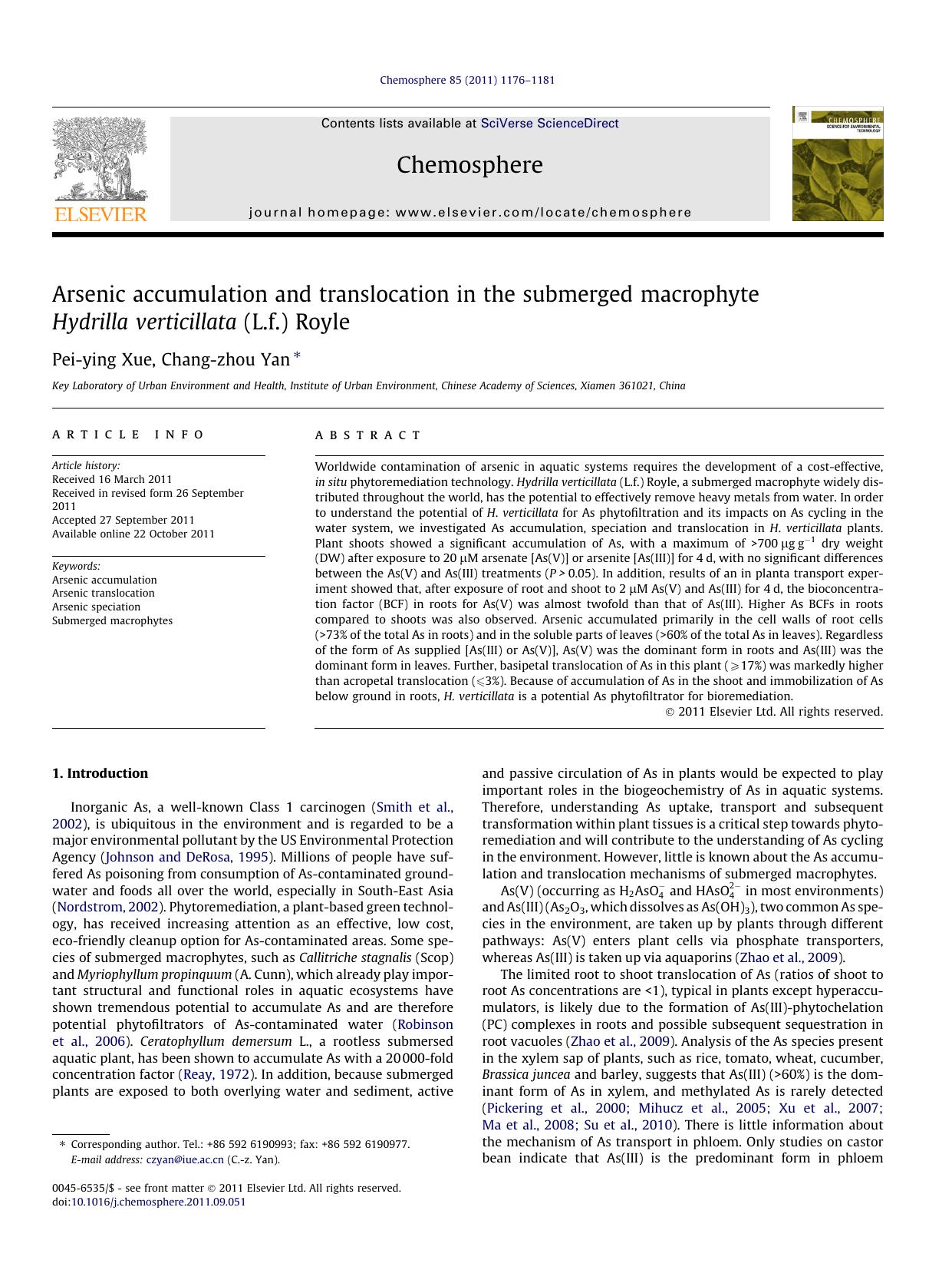 Arsenic accumulation and translocation in the submerged macrophyte Hydrilla verticillata (L.f.) Royle by Pei-ying Xue & Chang-zhou Yan