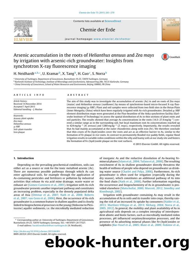 Arsenic accumulation in the roots of Helianthus annuus and Zea mays by irrigation with arsenic-rich groundwater: Insights from synchrotron X-ray fluorescence imaging by H. Neidhardt & U. Kramar & X. Tang & H. Guo & S. Norra