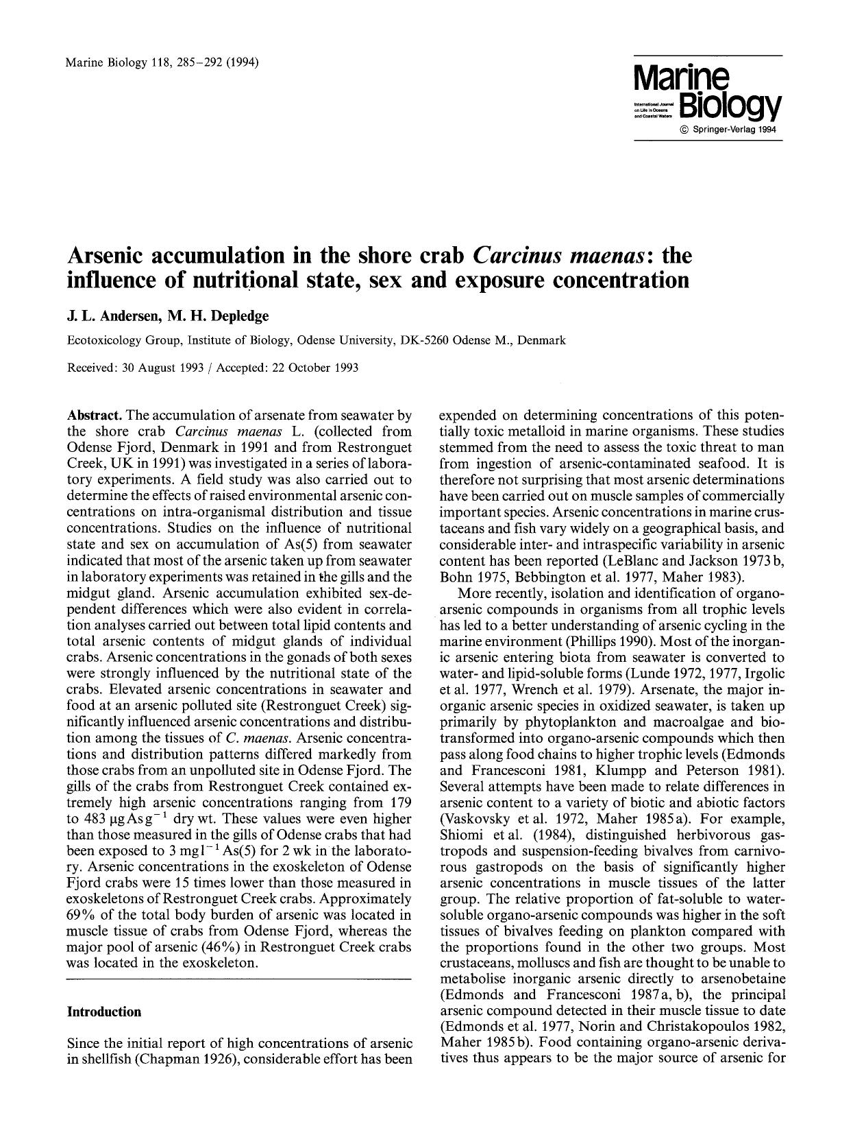 Arsenic accumulation in the shore crab <Emphasis Type="Italic">Carcinus maenas<Emphasis>: the influence of nutritional state, sex and exposure concentration by Unknown