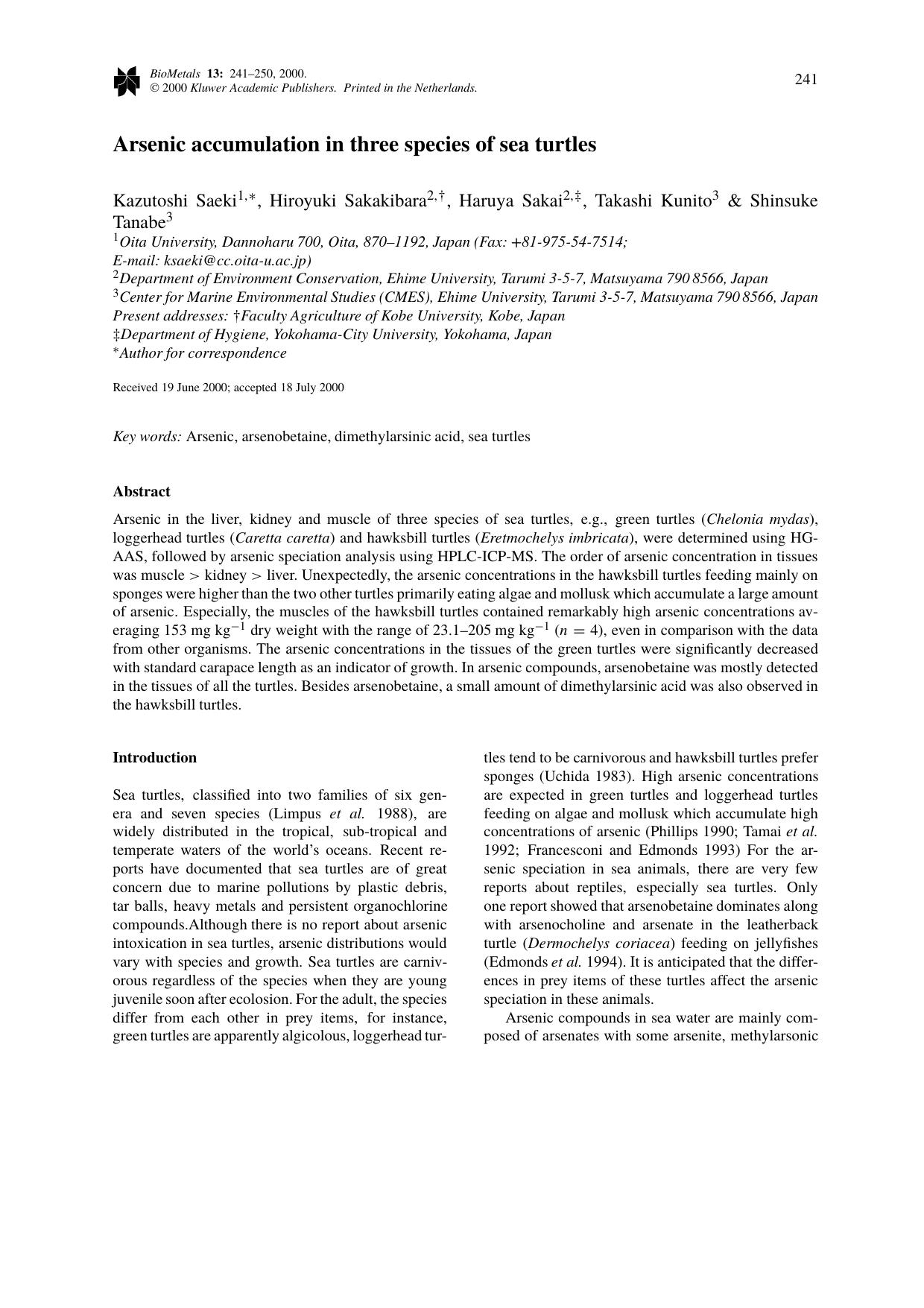 Arsenic accumulation in three species of sea turtles by Unknown