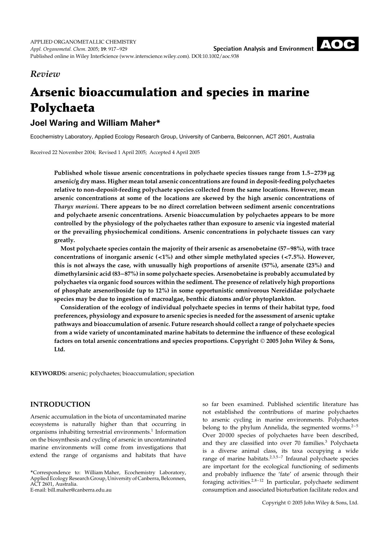 Arsenic bioaccumulation and species in marine polychaeta by Unknown