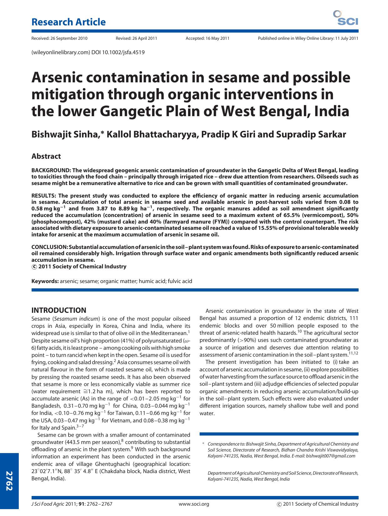 Arsenic contamination in sesame and possible mitigation through organic interventions in the lower Gangetic Plain of West Bengal, India by Unknown