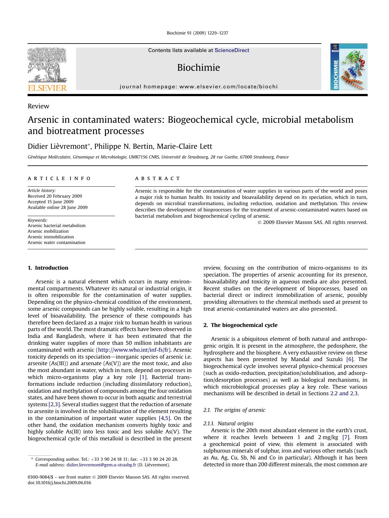 Arsenic in contaminated waters: Biogeochemical cycle, microbial metabolism and biotreatment processes by Didier LiEvremont; Philippe N. Bertin; Marie-Claire Lett