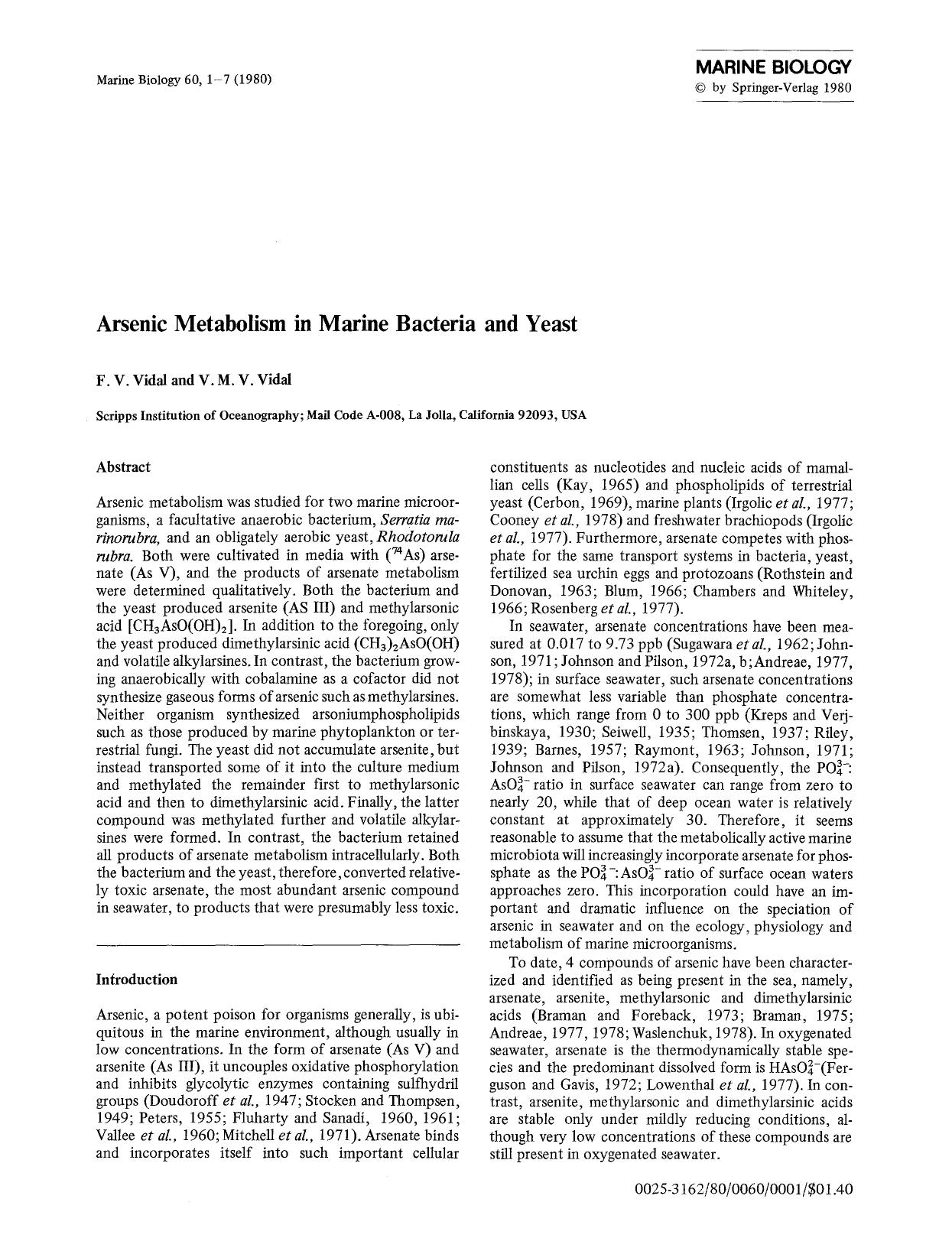 Arsenic metabolism in marine bacteria and yeast by Unknown