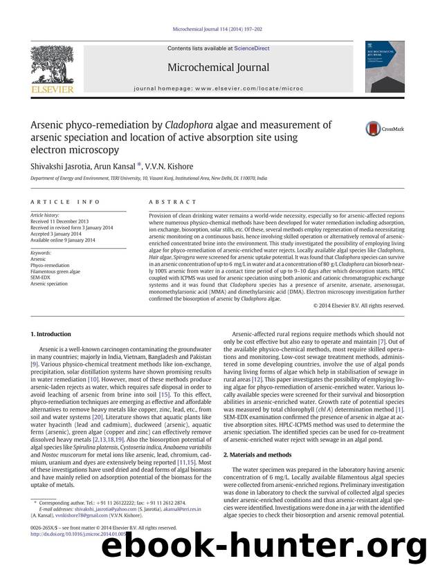 Arsenic phyco-remediation by Cladophora algae and measurement of arsenic speciation and location of active absorption site using electron microscopy by Shivakshi Jasrotia & Arun Kansal & V.V.N. Kishore