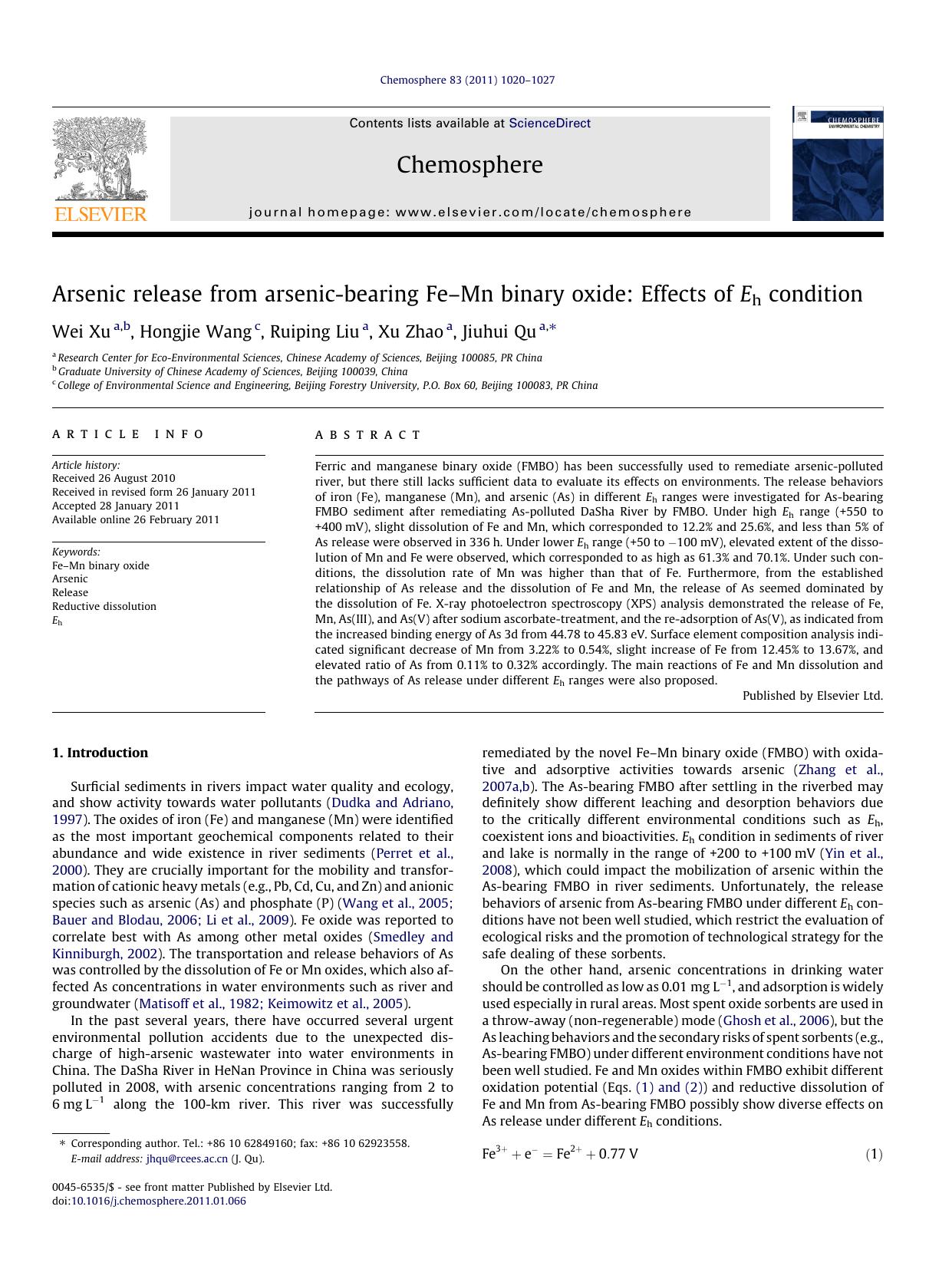Arsenic release from arsenic-bearing FeÃ¢â¬âMn binary oxide: Effects of Eh condition by Wei Xu & Hongjie Wang & Ruiping Liu & Xu Zhao & Jiuhui Qu