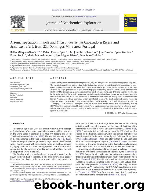 Arsenic speciation in soils and Erica andevalensis Cabezudo &amp; Rivera and Erica australis L. from SÃ£o Domingos Mine area, Portugal by unknow