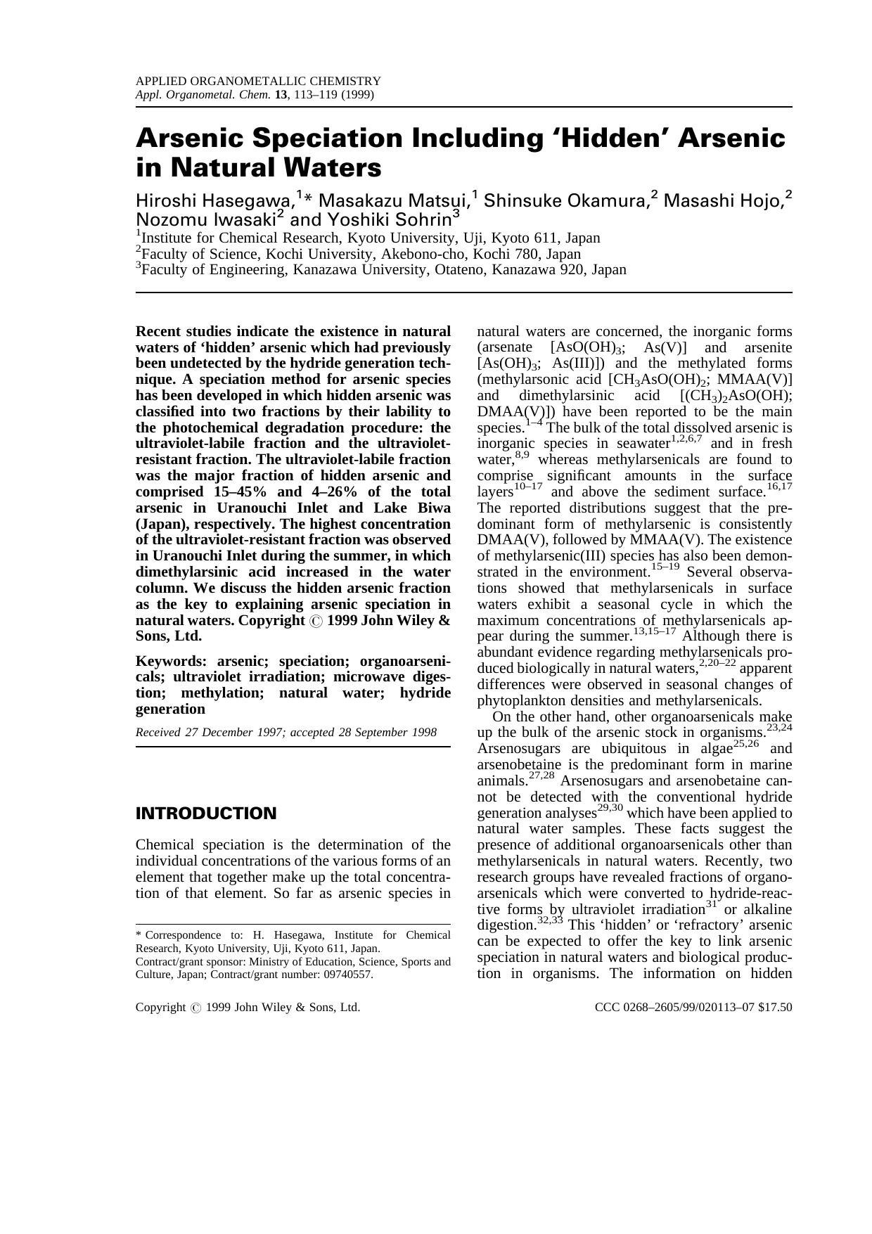 Arsenic speciation including `hidden' arsenic in natural waters by Unknown