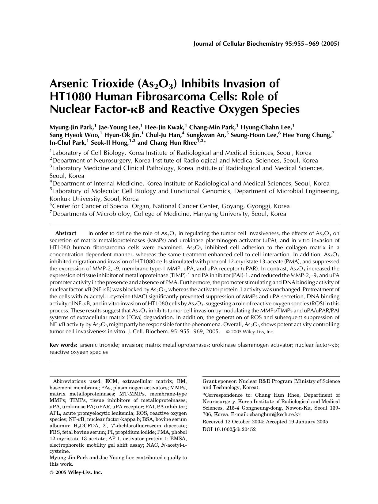 Arsenic trioxide (As2O3) inhibits invasion of HT1080 human fibrosarcoma cells: Role of nuclear factor-[kappa]B and reactive oxygen species by Unknown