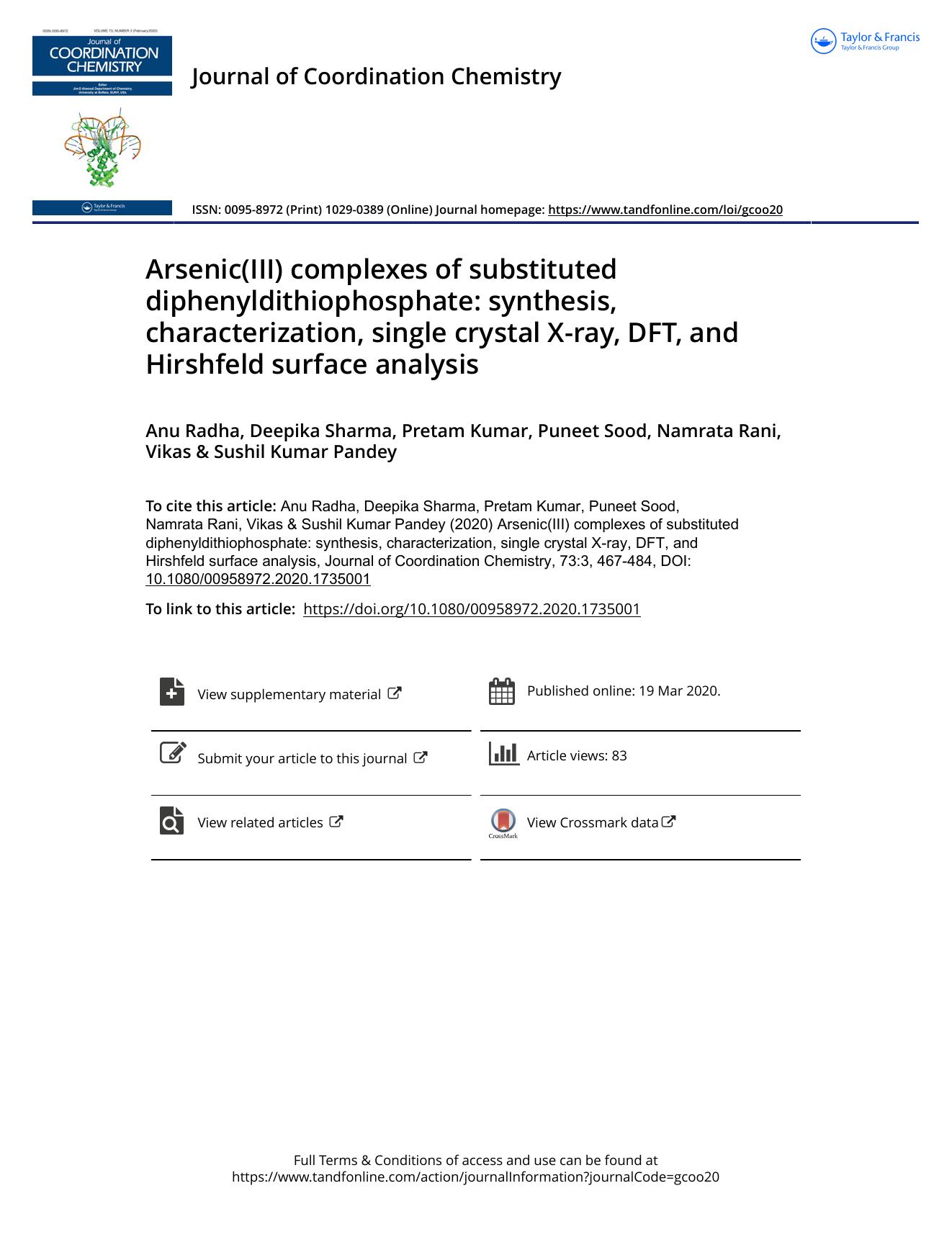Arsenic(III) complexes of substituted diphenyldithiophosphate: synthesis, characterization, single crystal X-ray, DFT, and Hirshfeld surface analysis by Radha Anu & Sharma Deepika & Kumar Pretam & Sood Puneet & Rani Namrata & Kumar Pandey Sushil