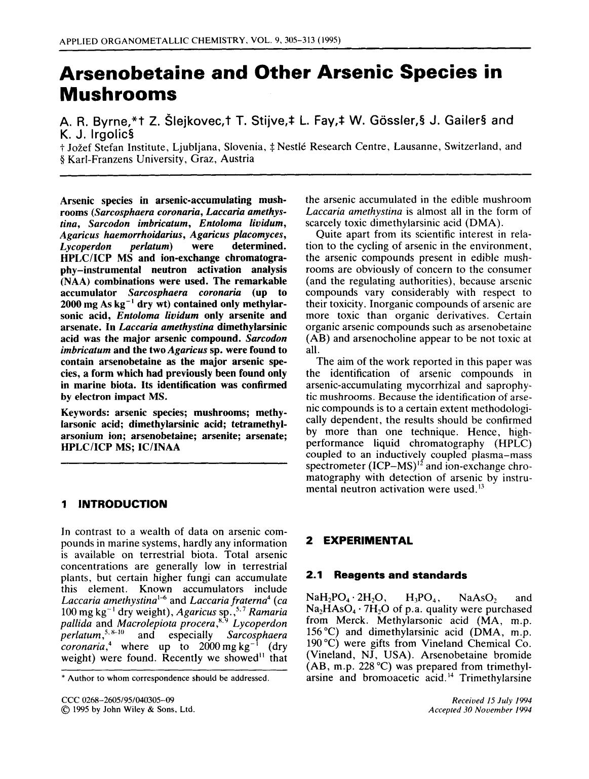 Arsenobetaine and other arsenic species in mushrooms by Unknown