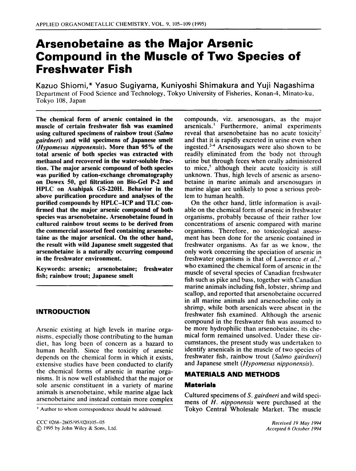 Arsenobetaine as the major arsenic compound in the muscle of two species of freshwater fish by Unknown