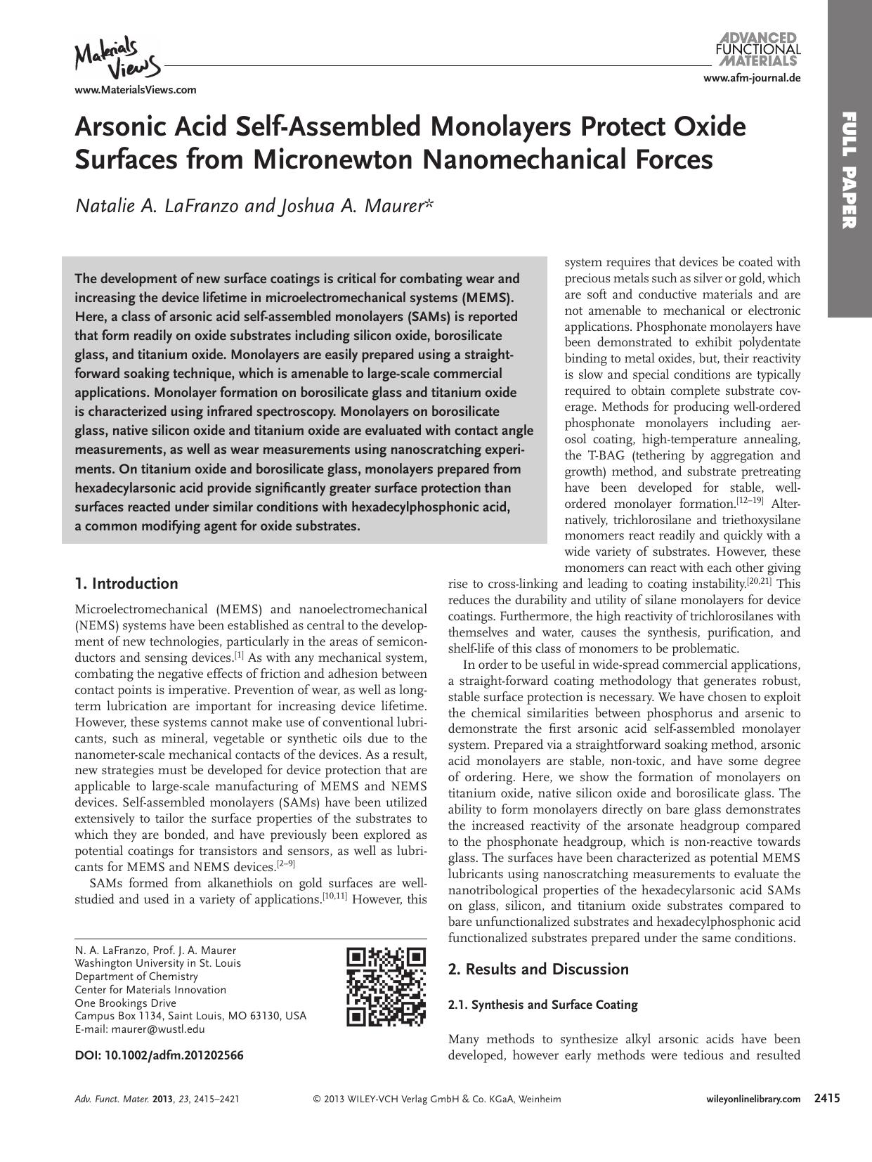 Arsonic Acid SelfAssembled Monolayers Protect Oxide Surfaces from Micronewton Nanomechanical Forces by wbpm