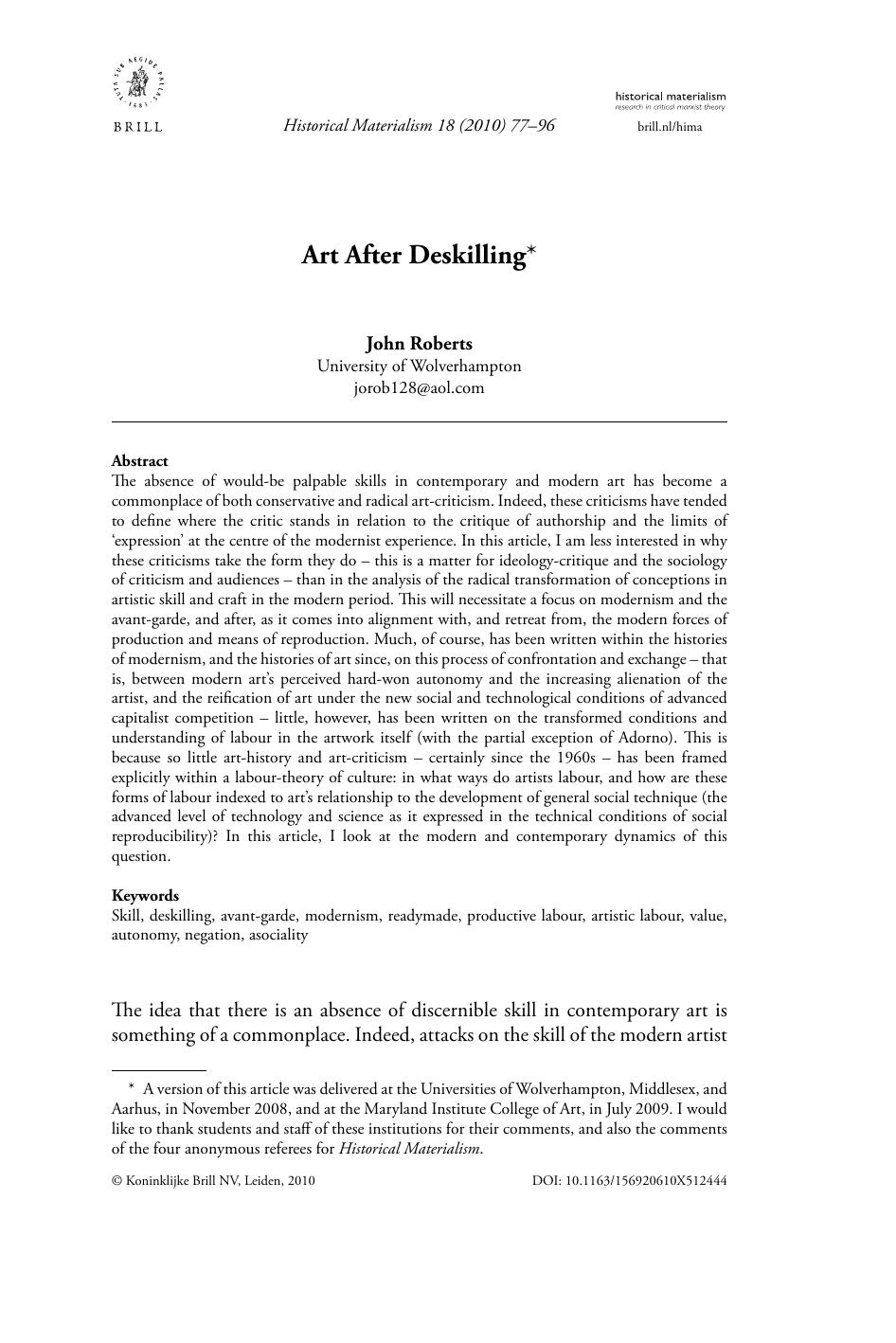 Art After Deskilling by John Roberts