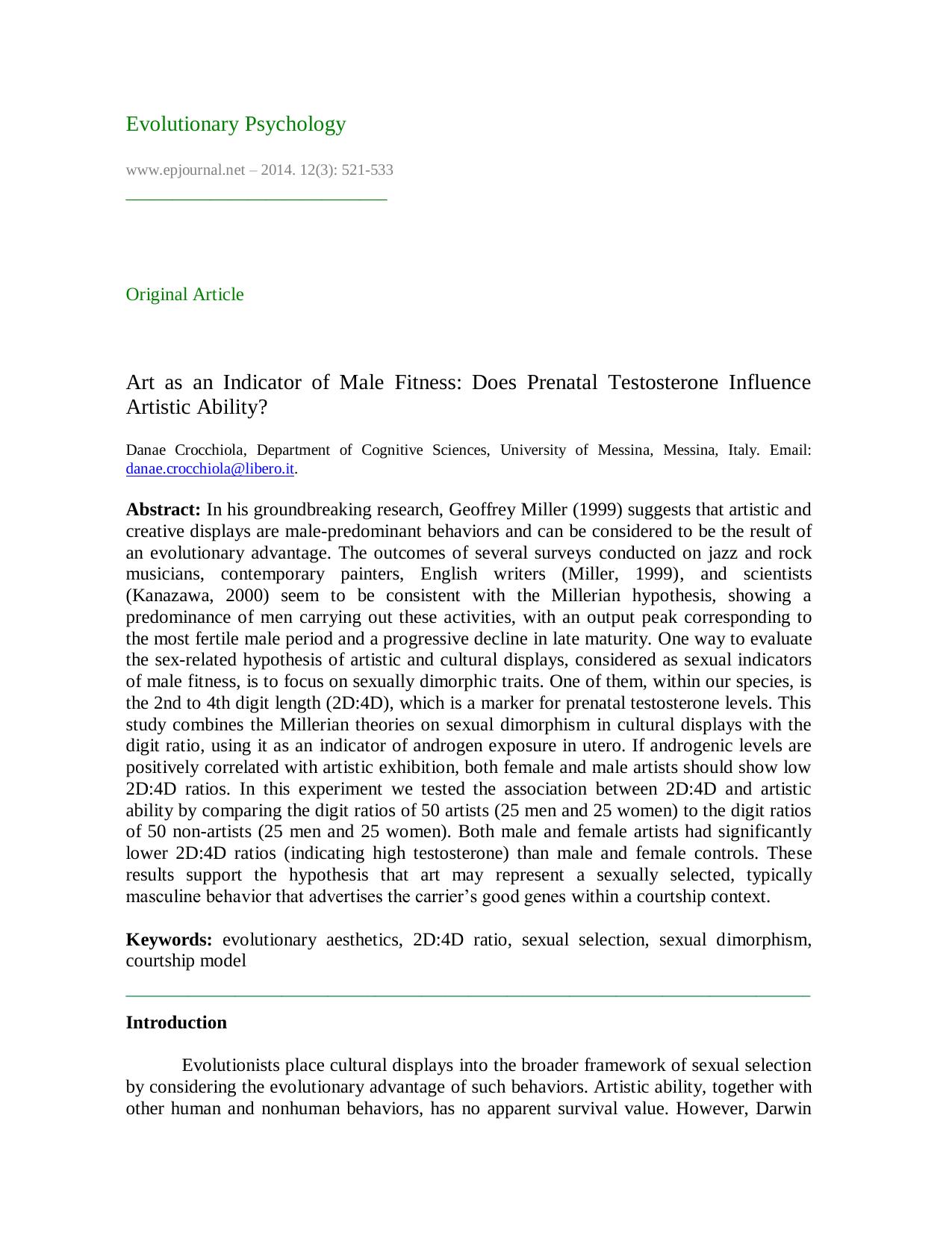 Art as an Indicator of Male Fitness: Does Prenatal Testosterone Influence Artistic Ability? by Danae Crocchiola