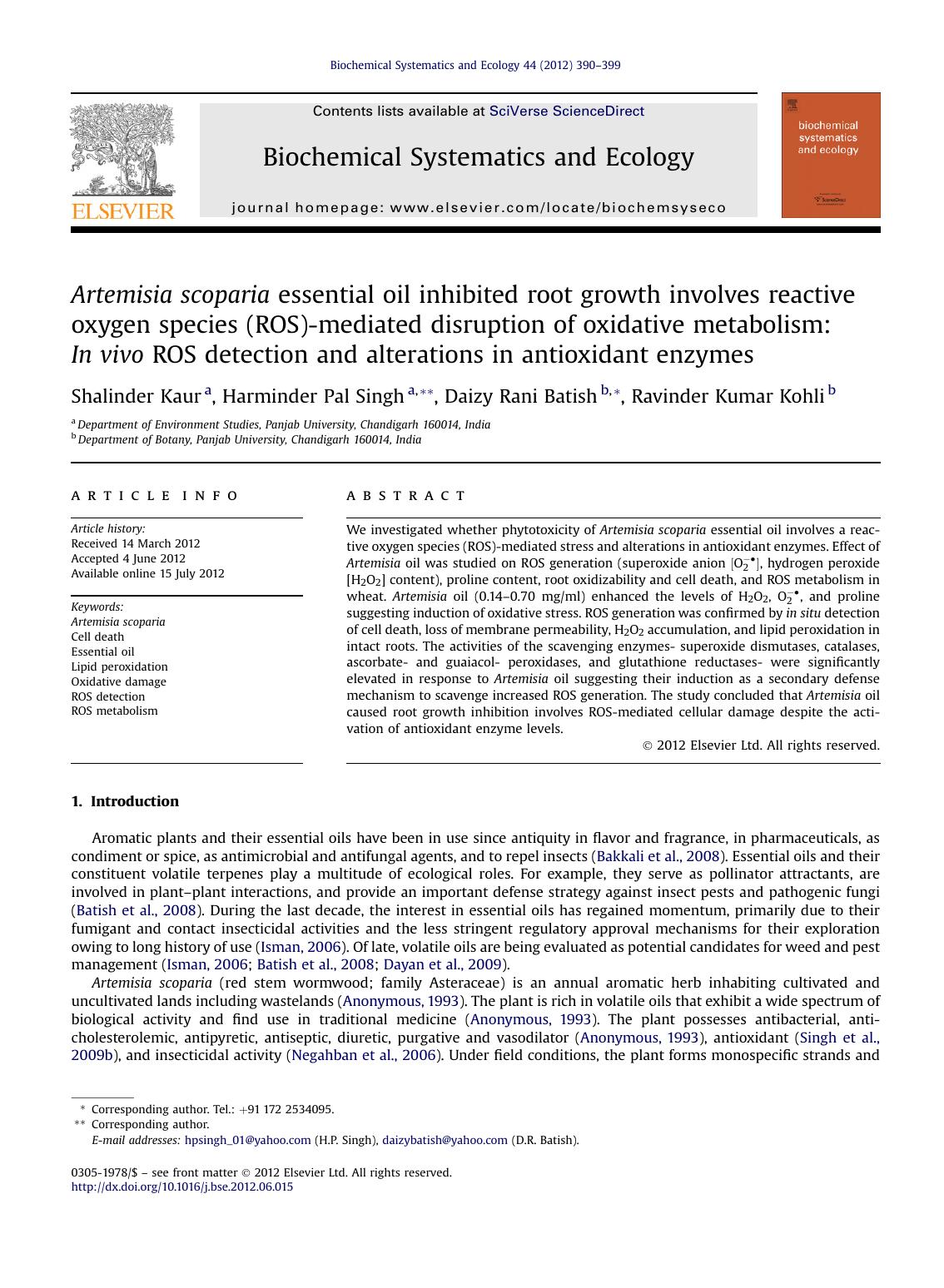 Artemisia scoparia essential oil inhibited root growth involves reactive oxygen species (ROS)-mediated disruption of oxidative metabolism: In&nbsp;vivo ROS detection and alteration by unknow