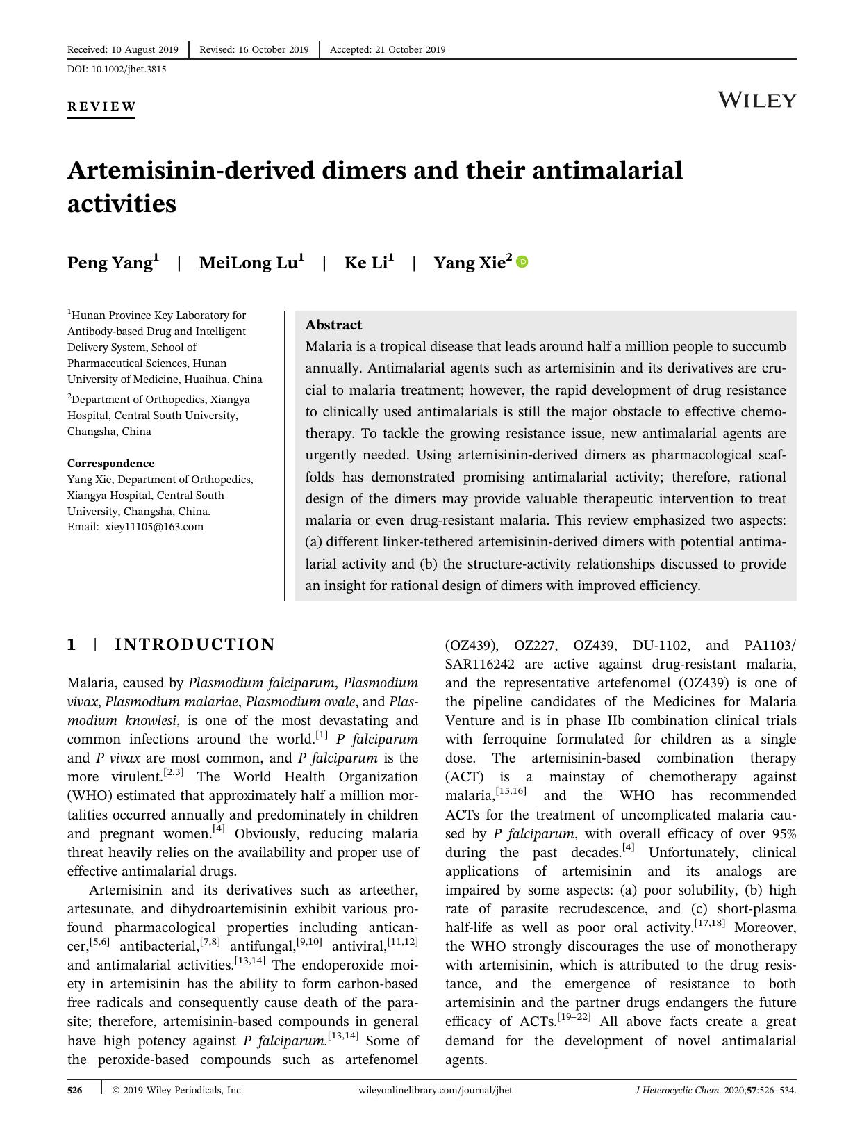Artemisininâderived dimers and their antimalarial activities by Peng Yang MeiLong Lu Ke Li Yang Xie