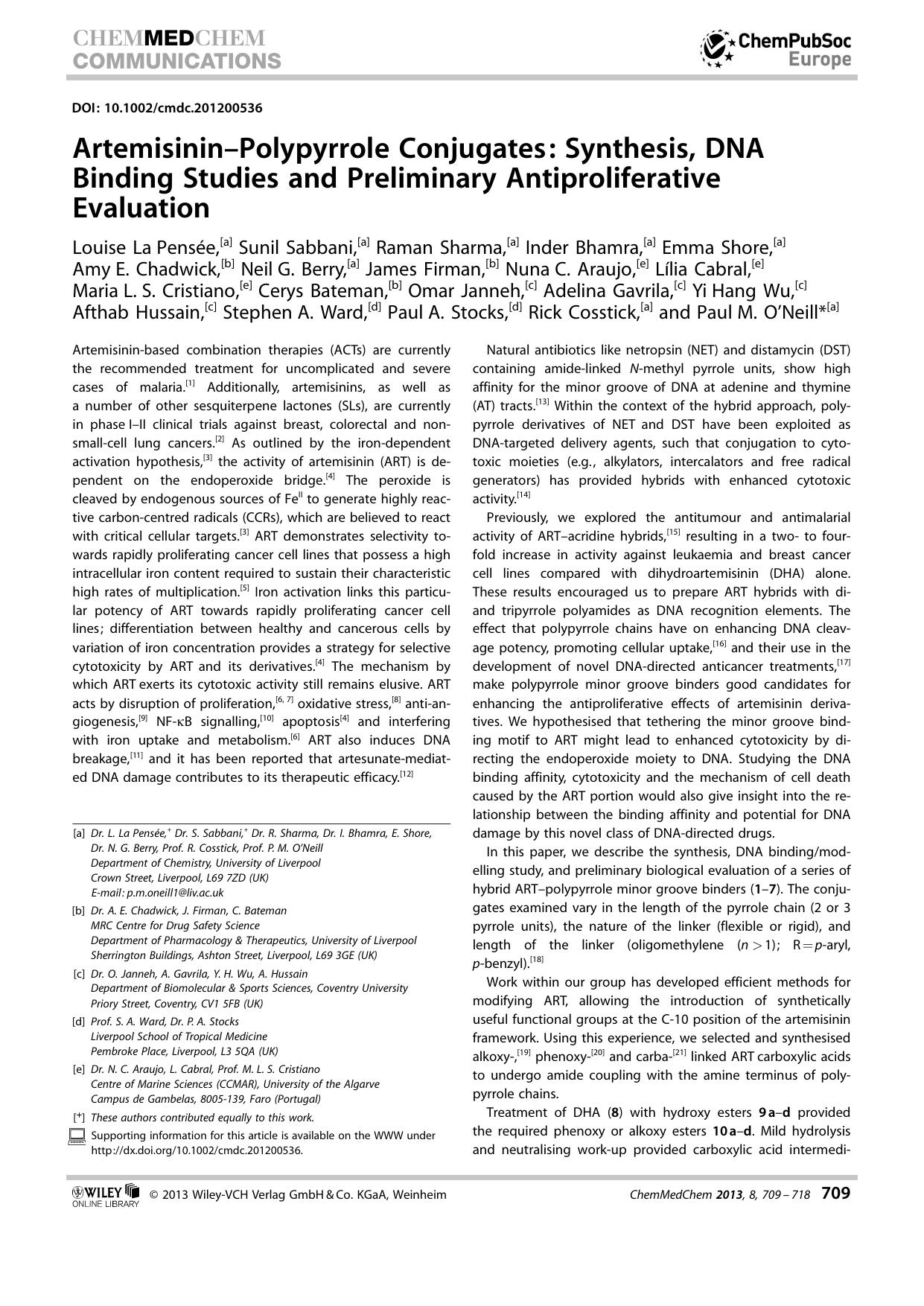 ArtemisininPolypyrrole Conjugates: Synthesis, DNA Binding Studies and Preliminary Antiproliferative Evaluation by Unknown