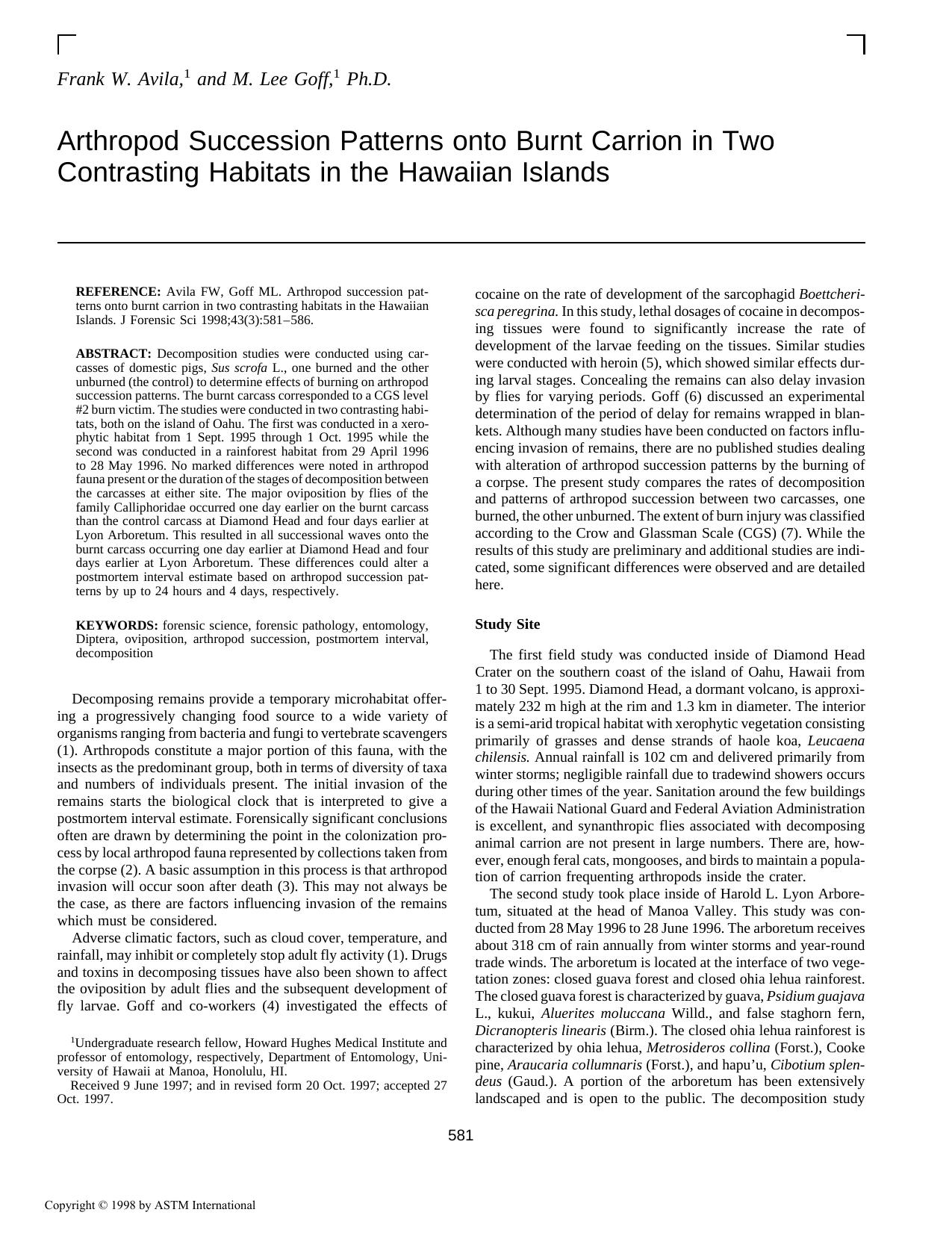 Arthropod succession patterns onto burnt carrion in two contrasting habitats in the Hawaiian Islands by Avila FW Goff ML