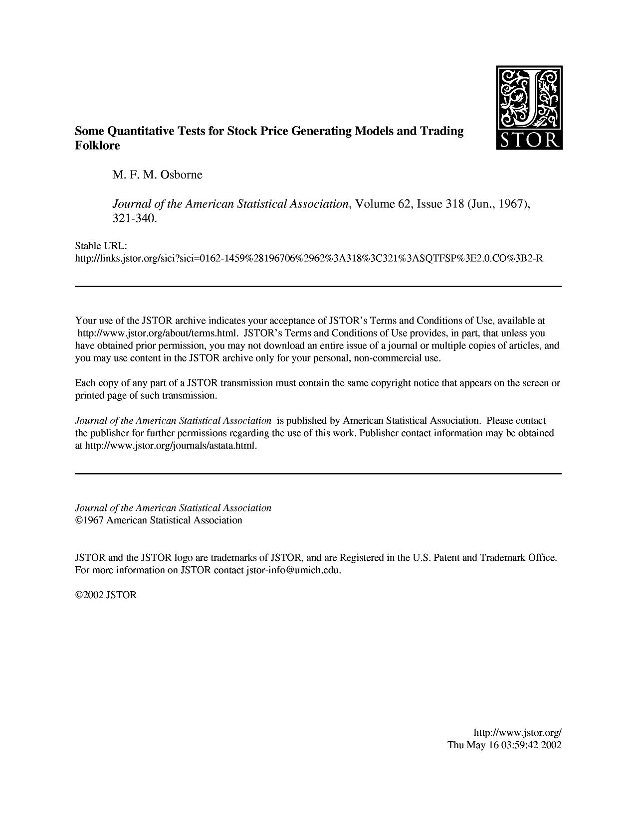 Article - Finance by Some Quantitative Tests for Stock Price Generating Models & Trading Folklore