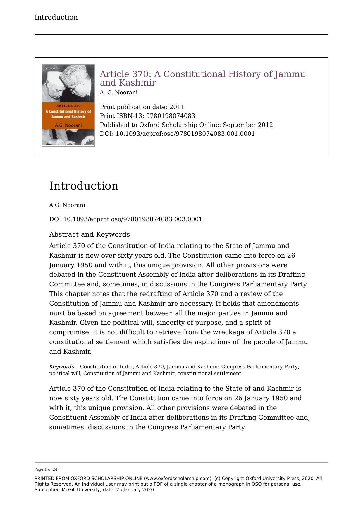 Article 370: A Constitutional History of Jammu and Kashmir by A.G. Noorani
