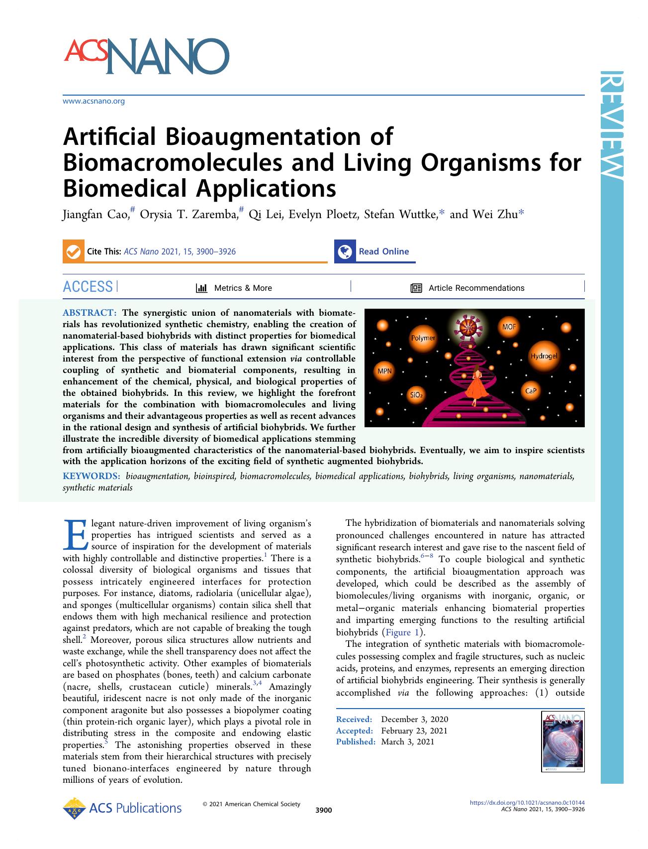 Artificial Bioaugmentation of Biomacromolecules and Living Organisms for Biomedical Applications by Jiangfan Cao Orysia T. Zaremba Qi Lei Evelyn Ploetz Stefan Wuttke and Wei Zhu