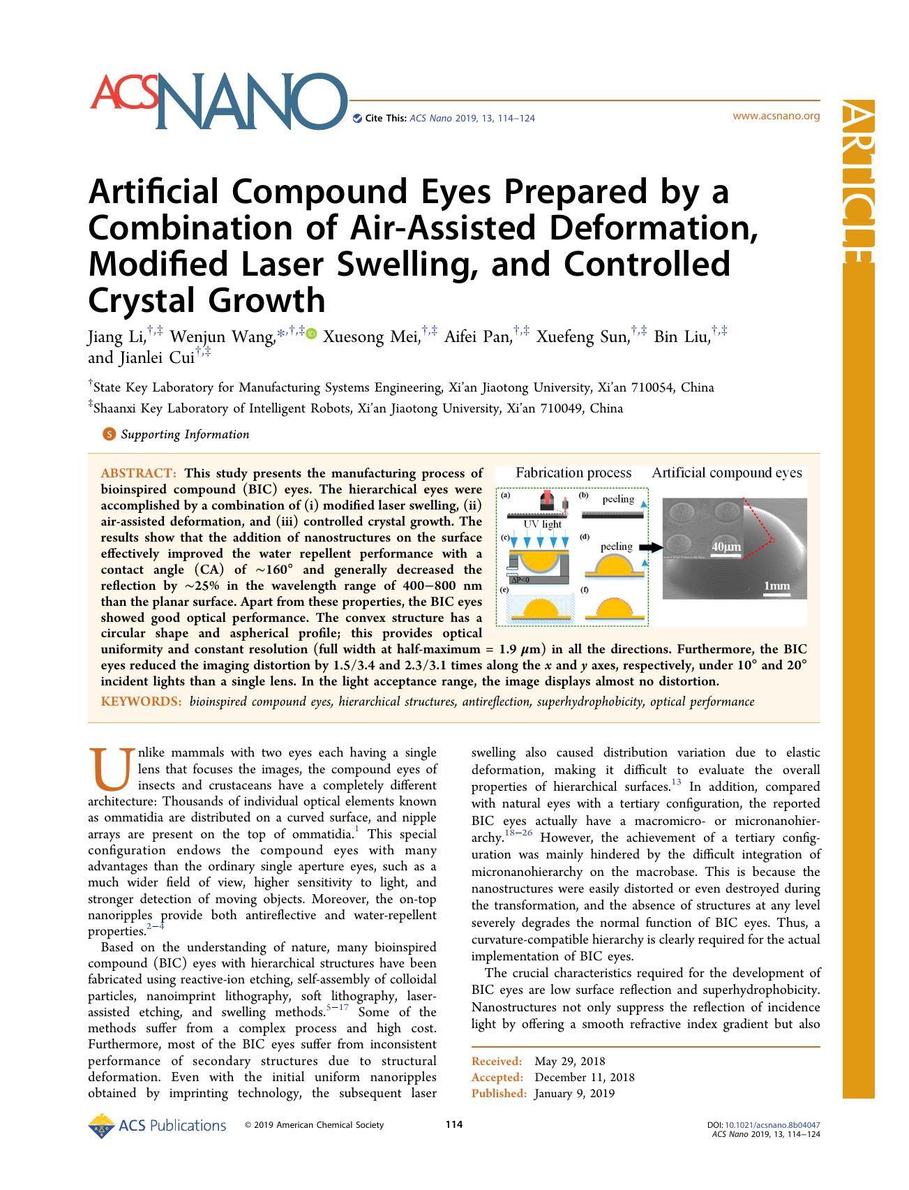 Artificial Compound Eyes Prepared by a Combination of Air-Assisted Deformation, Modified Laser Swelling, and Controlled Crystal Growth by Jiang Li Wenjun Wang Xuesong Mei Aifei Pan Xuefeng Sun Bin Liu and Jianlei Cui