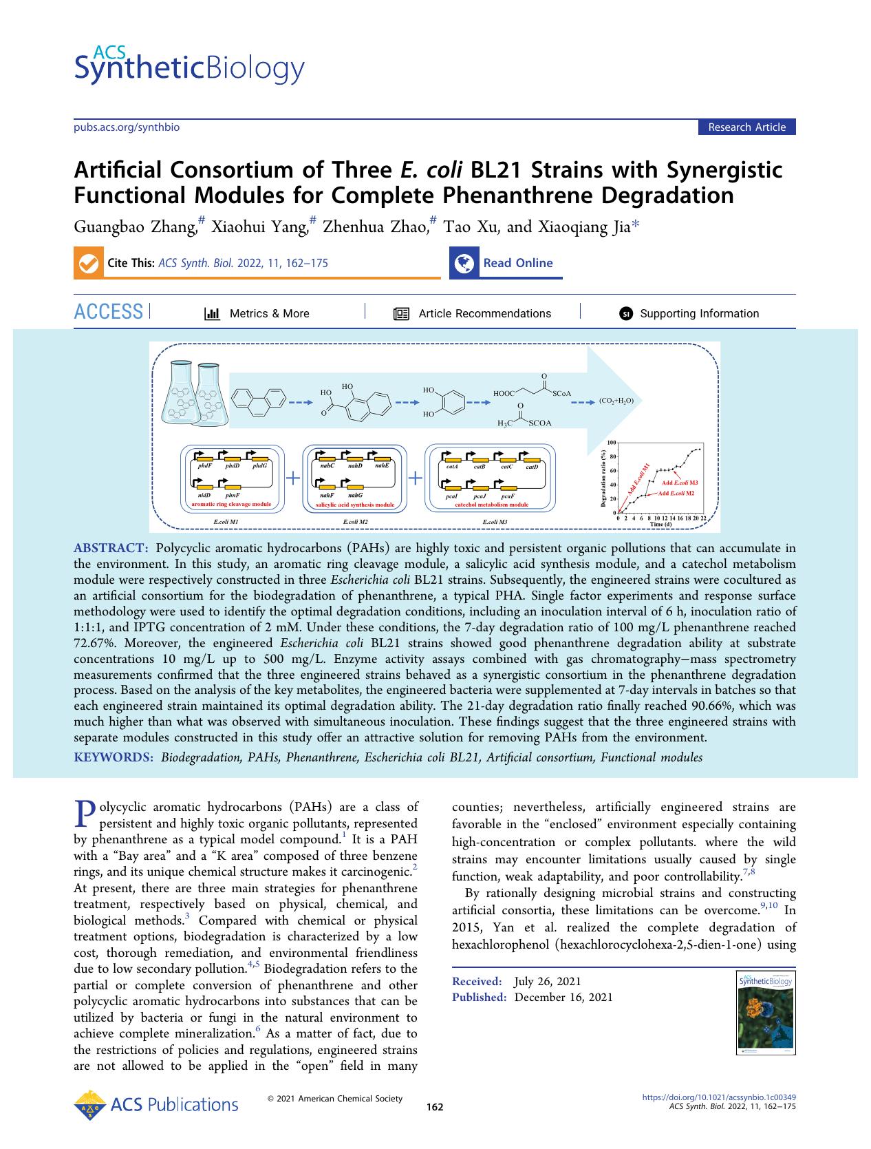 Artificial Consortium of Three E. coli BL21 Strains with Synergistic Functional Modules for Complete Phenanthrene Degradation by Guangbao Zhang Xiaohui Yang Zhenhua Zhao Tao Xu and Xiaoqiang Jia