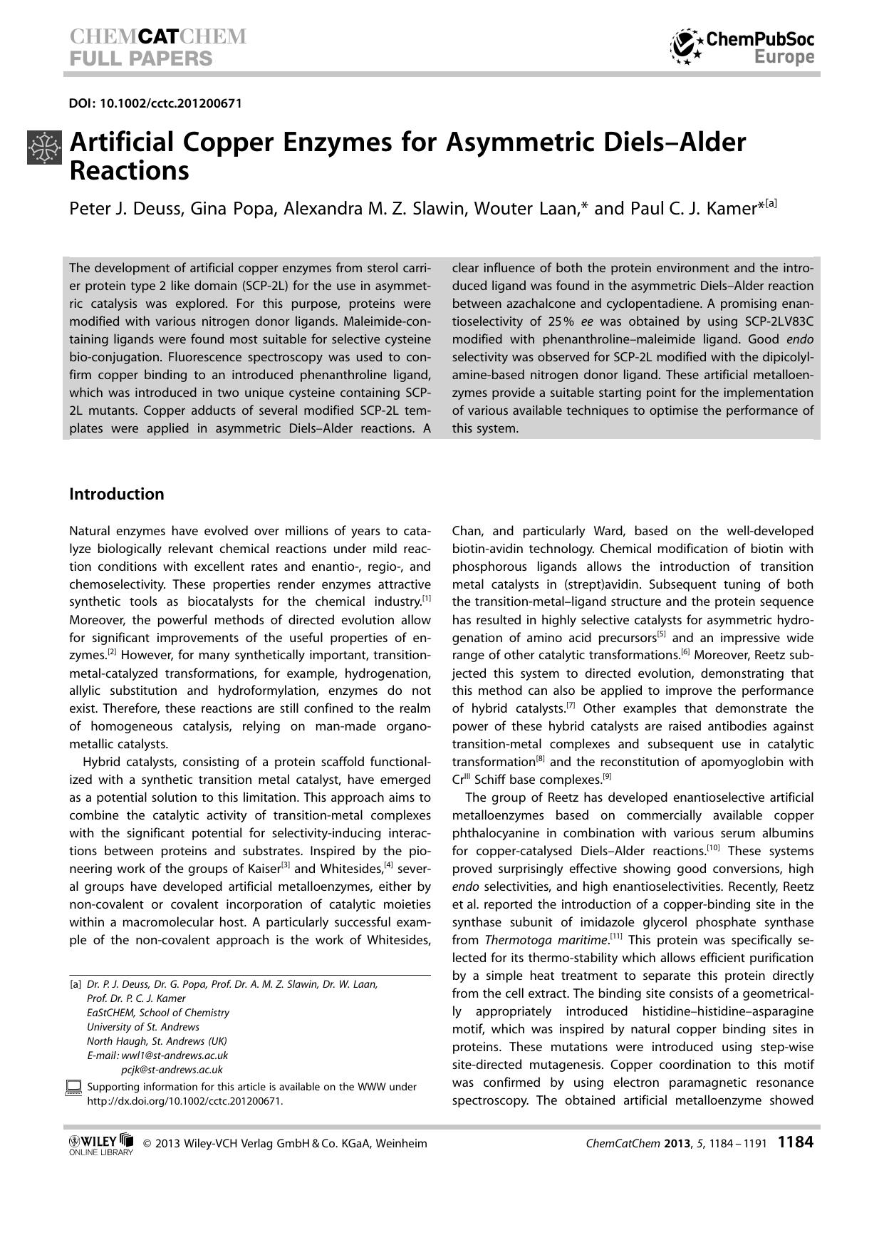 Artificial Copper Enzymes for Asymmetric DielsAlder Reactions by Unknown