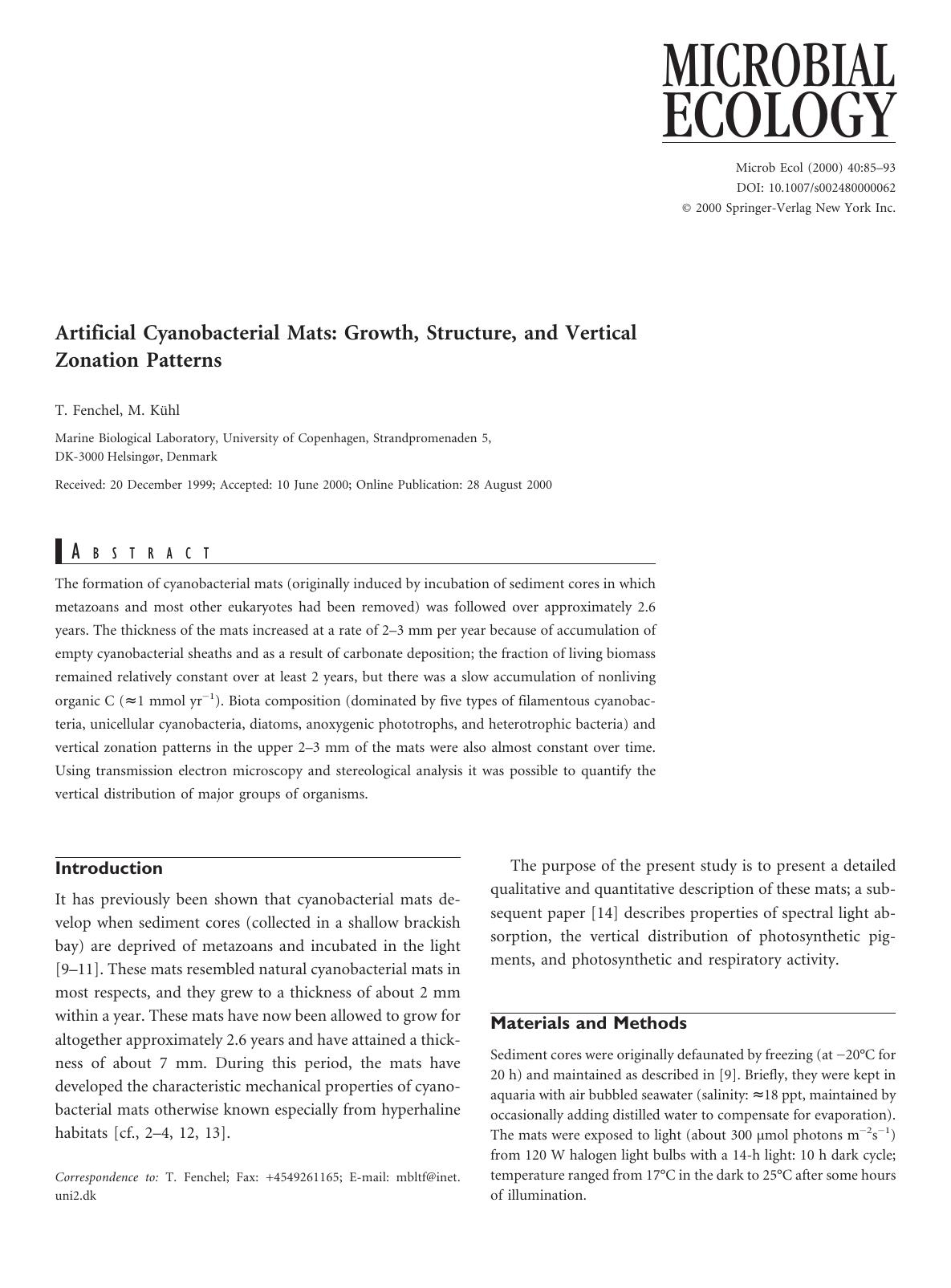 Artificial Cyanobacterial Mats: Growth, Structure, and Vertical Zonation Patterns by Fenchel T. et al