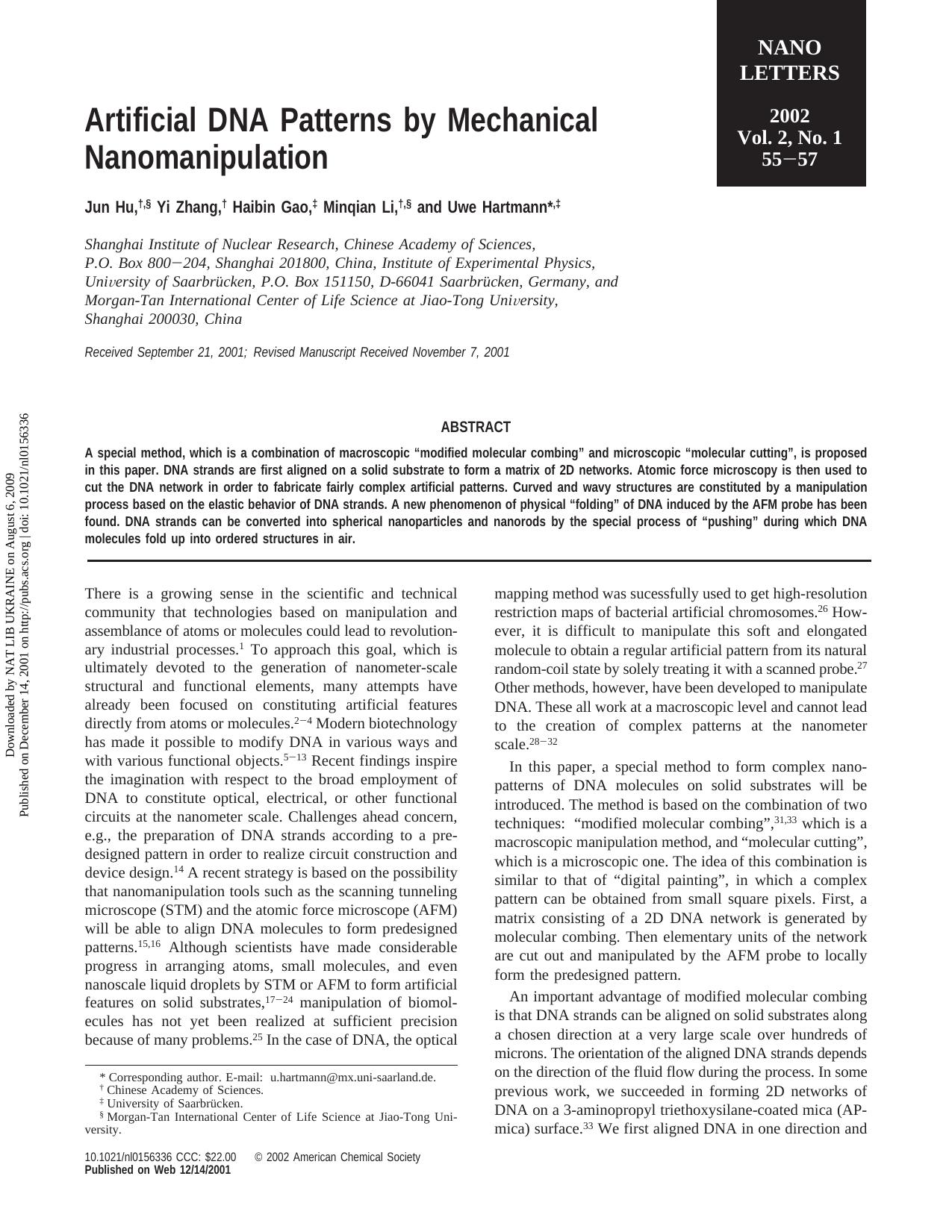 Artificial DNA Patterns by Mechanical Nanomanipulation by Jun Hu s Yi Zhang Haibin Gao Minqian Li s & Uwe Hartmann*